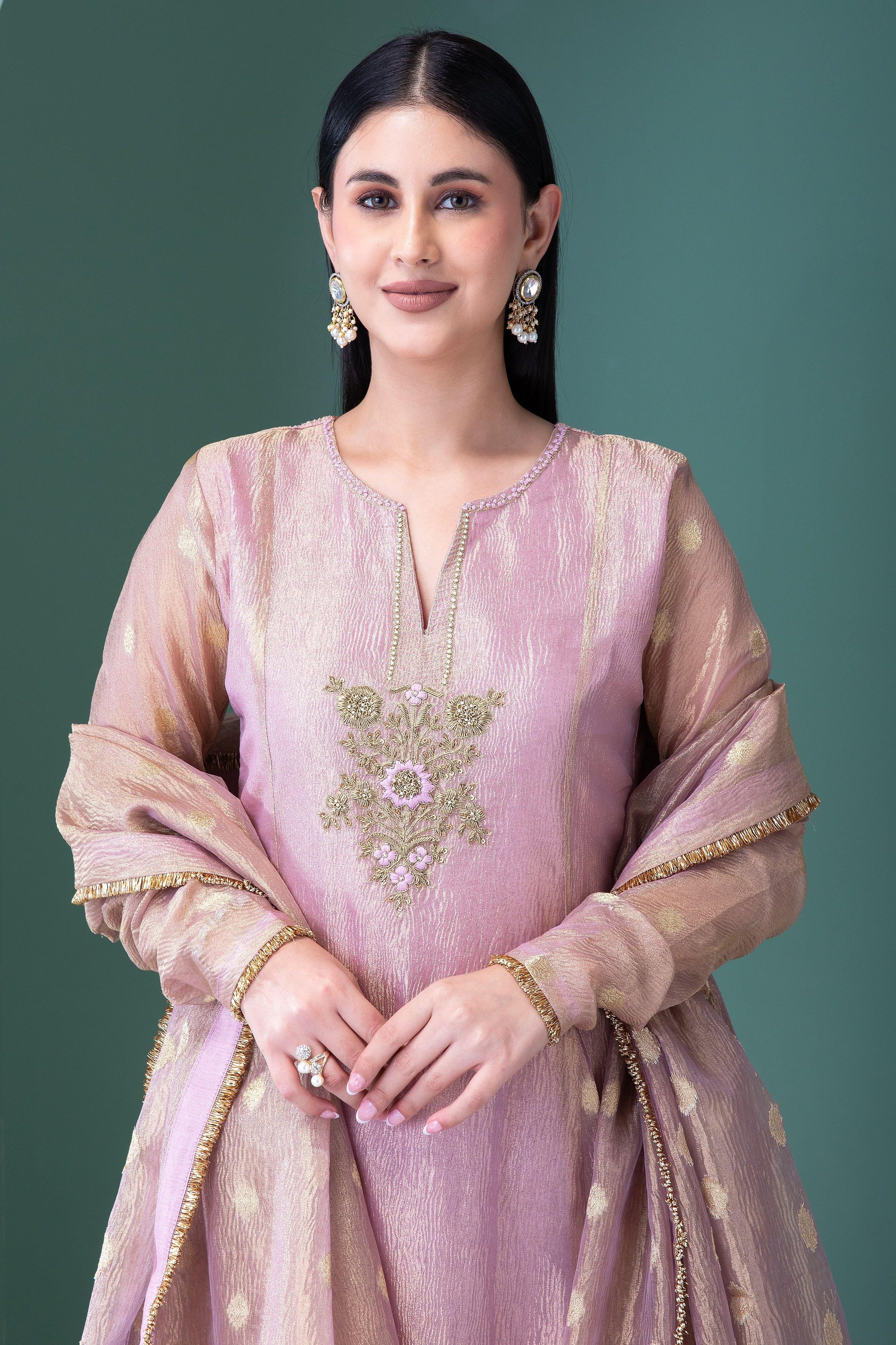 Blush Pink Banarasi Tissue Anarkali Set - Mokshaa