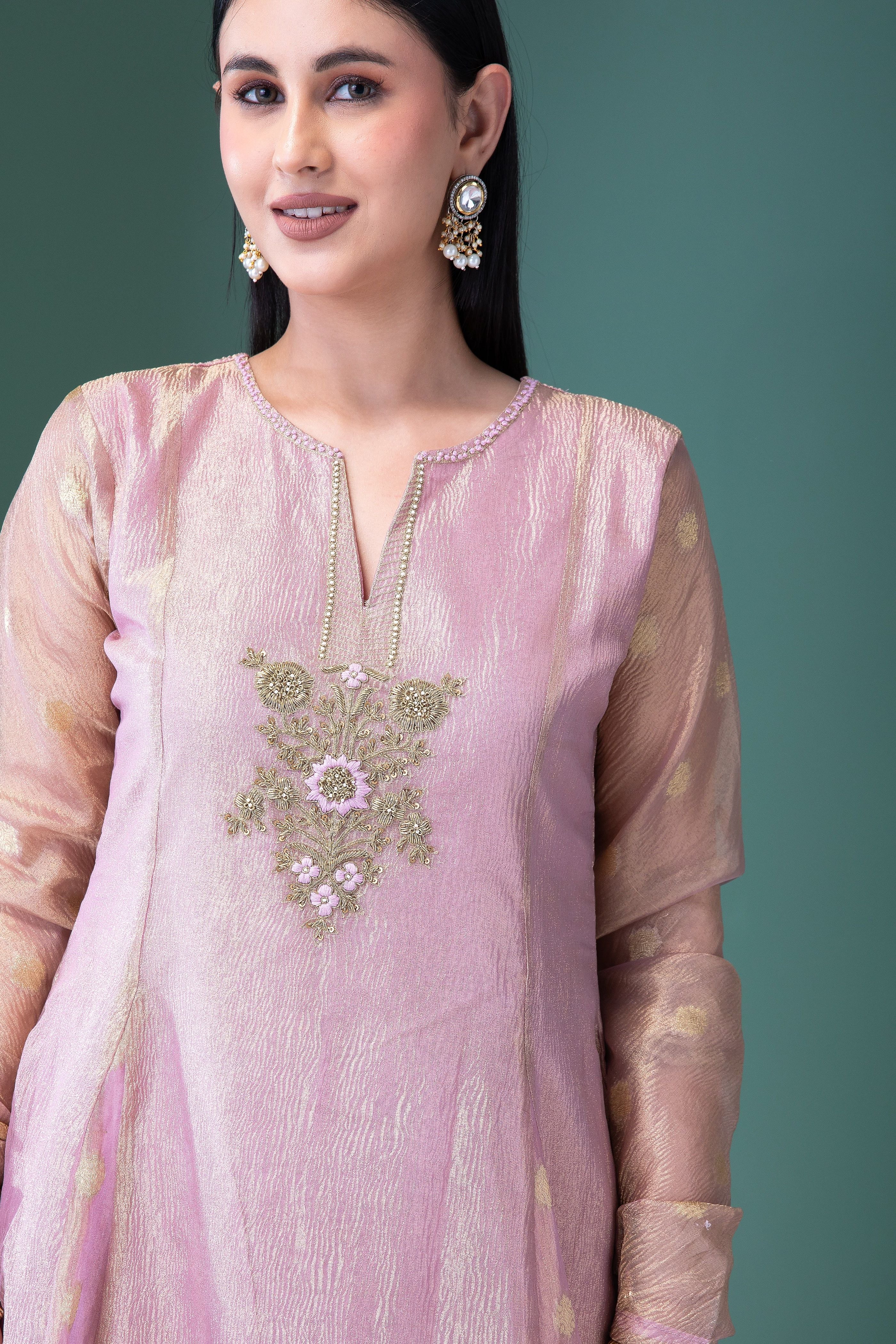 Blush Pink Banarasi Tissue Anarkali Set - Mokshaa