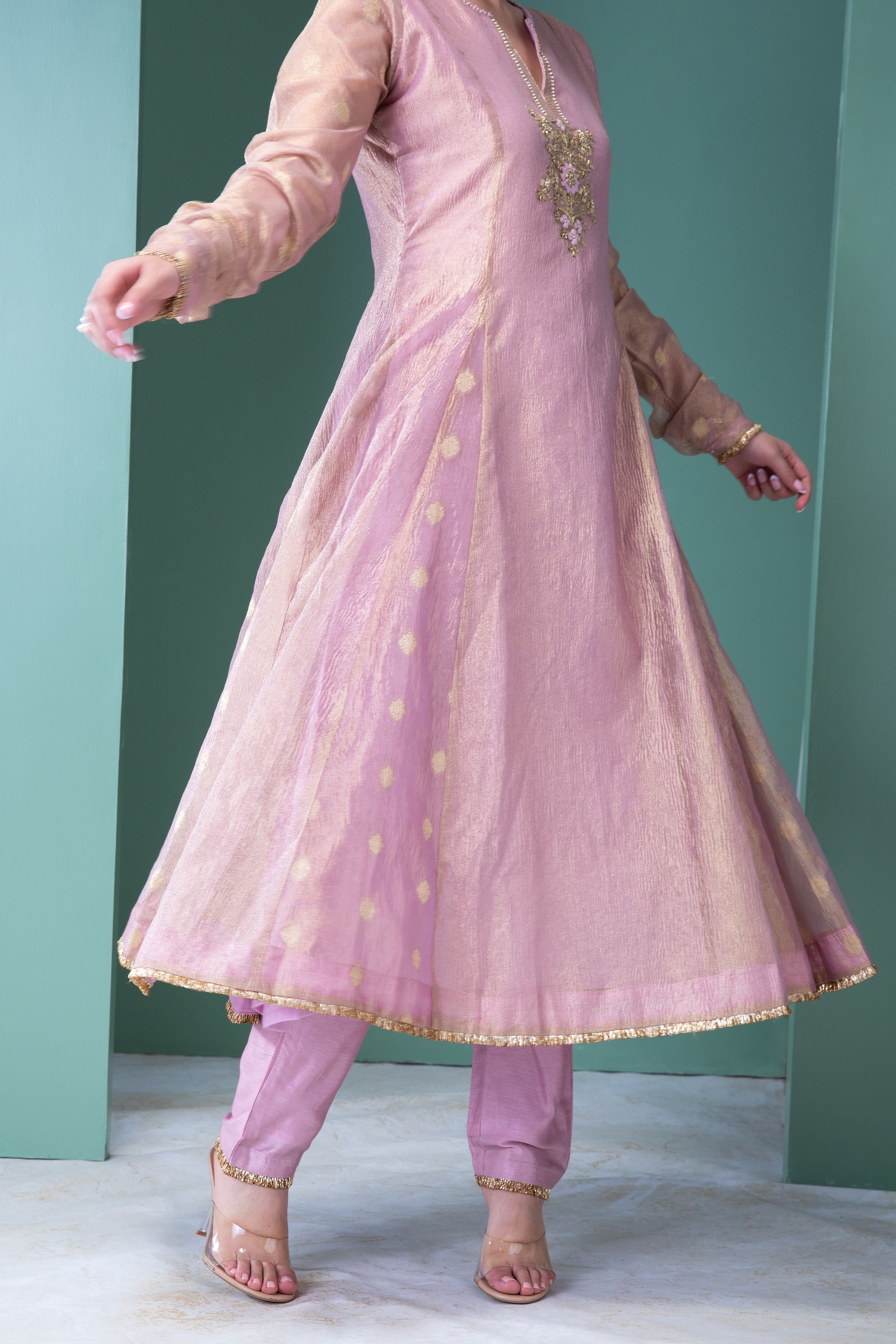 Blush Pink Banarasi Tissue Anarkali Set - Mokshaa