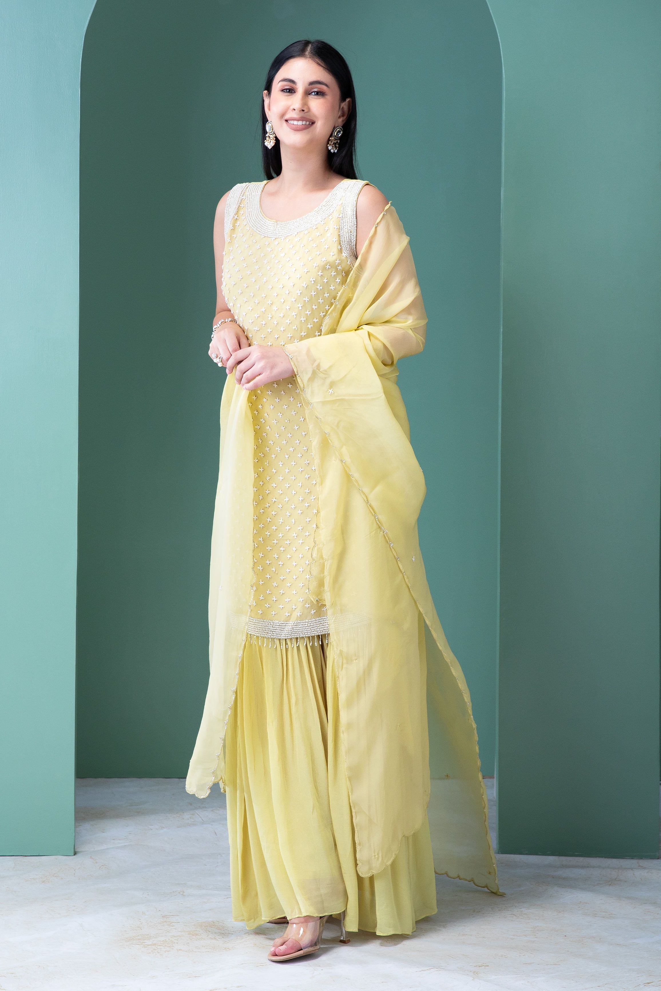 Elegant Pastel Yellow Georgette Sharara Set with Sequins and Pearl Embellishments - Mokshaa