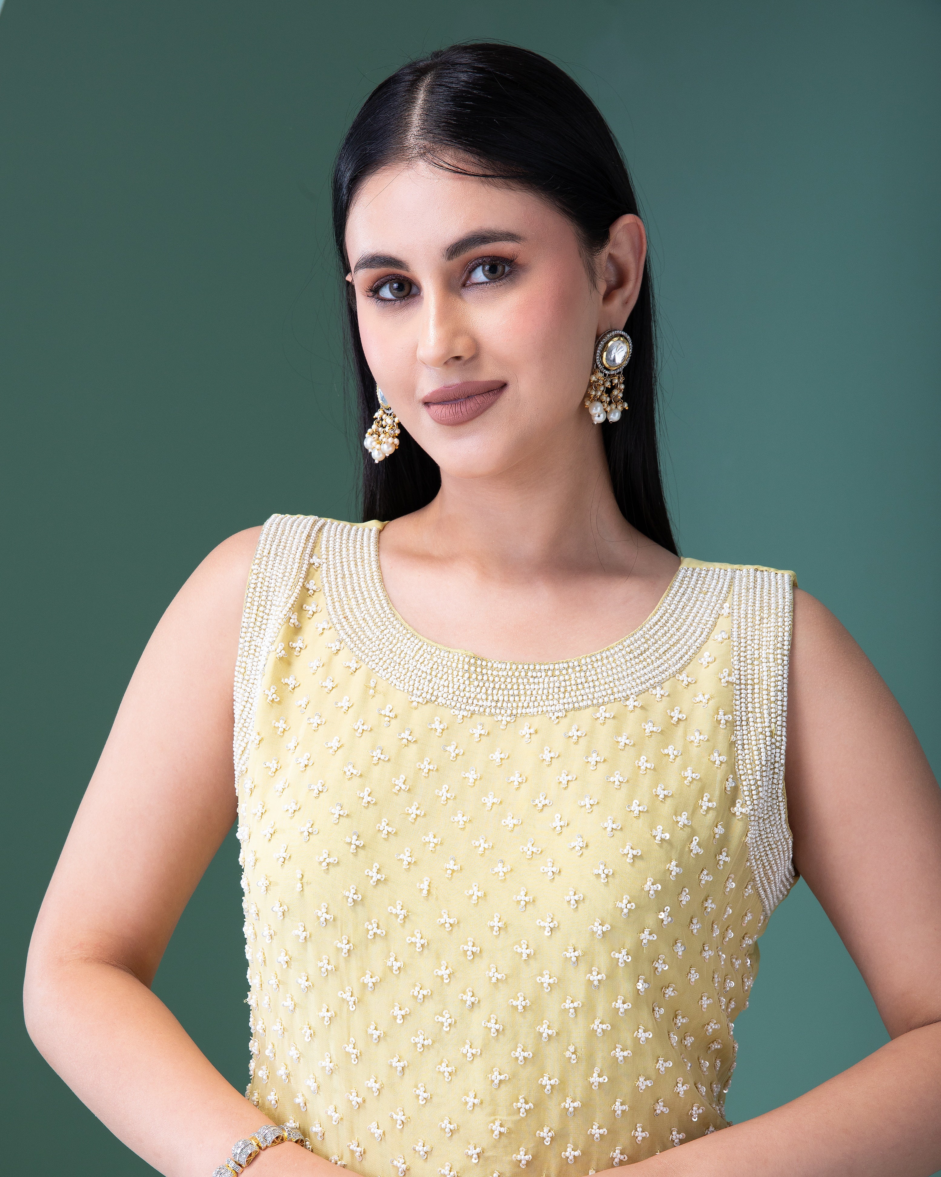 Elegant Pastel Yellow Georgette Sharara Set with Sequins and Pearl Embellishments - Mokshaa