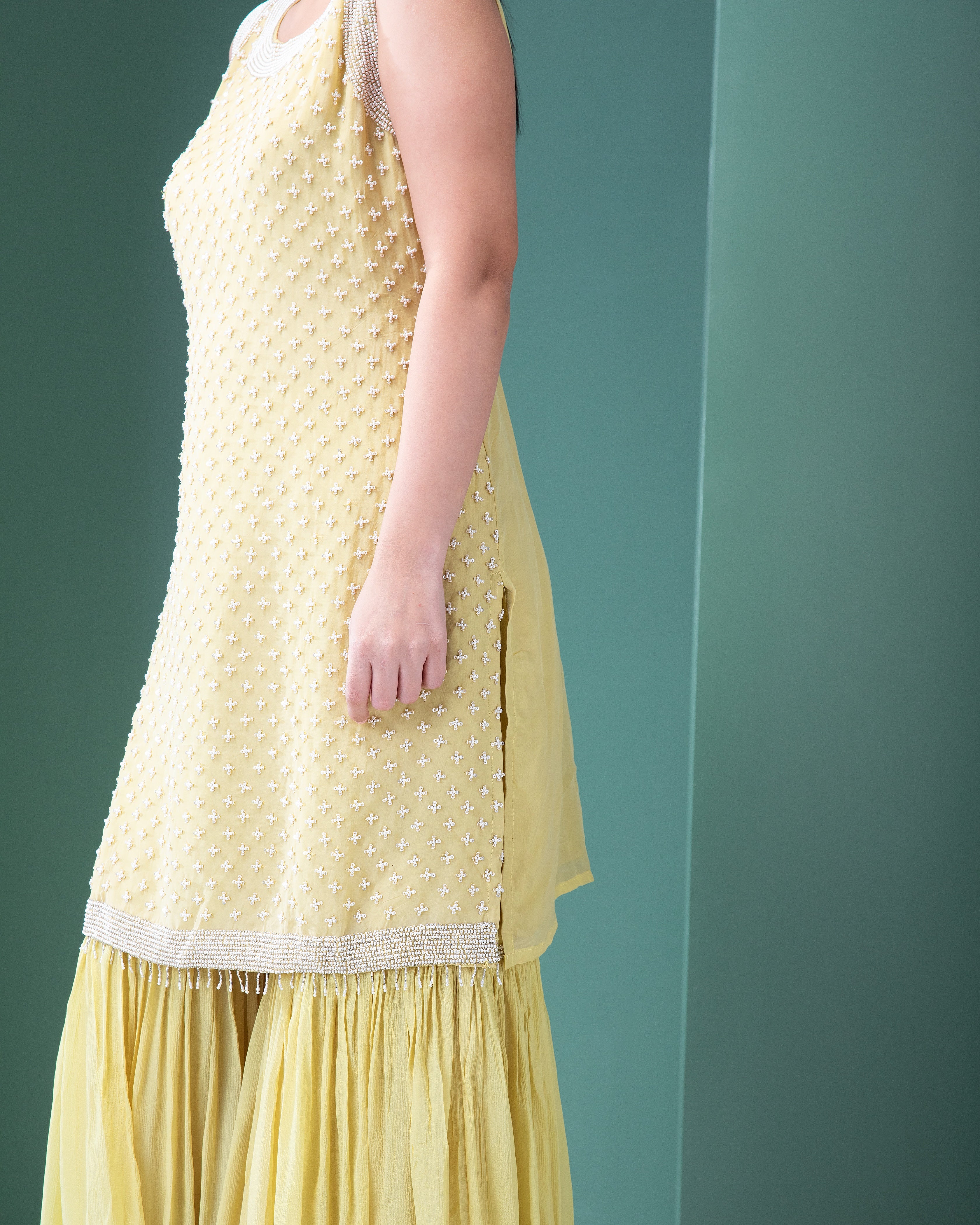 Elegant Pastel Yellow Georgette Sharara Set with Sequins and Pearl Embellishments - Mokshaa