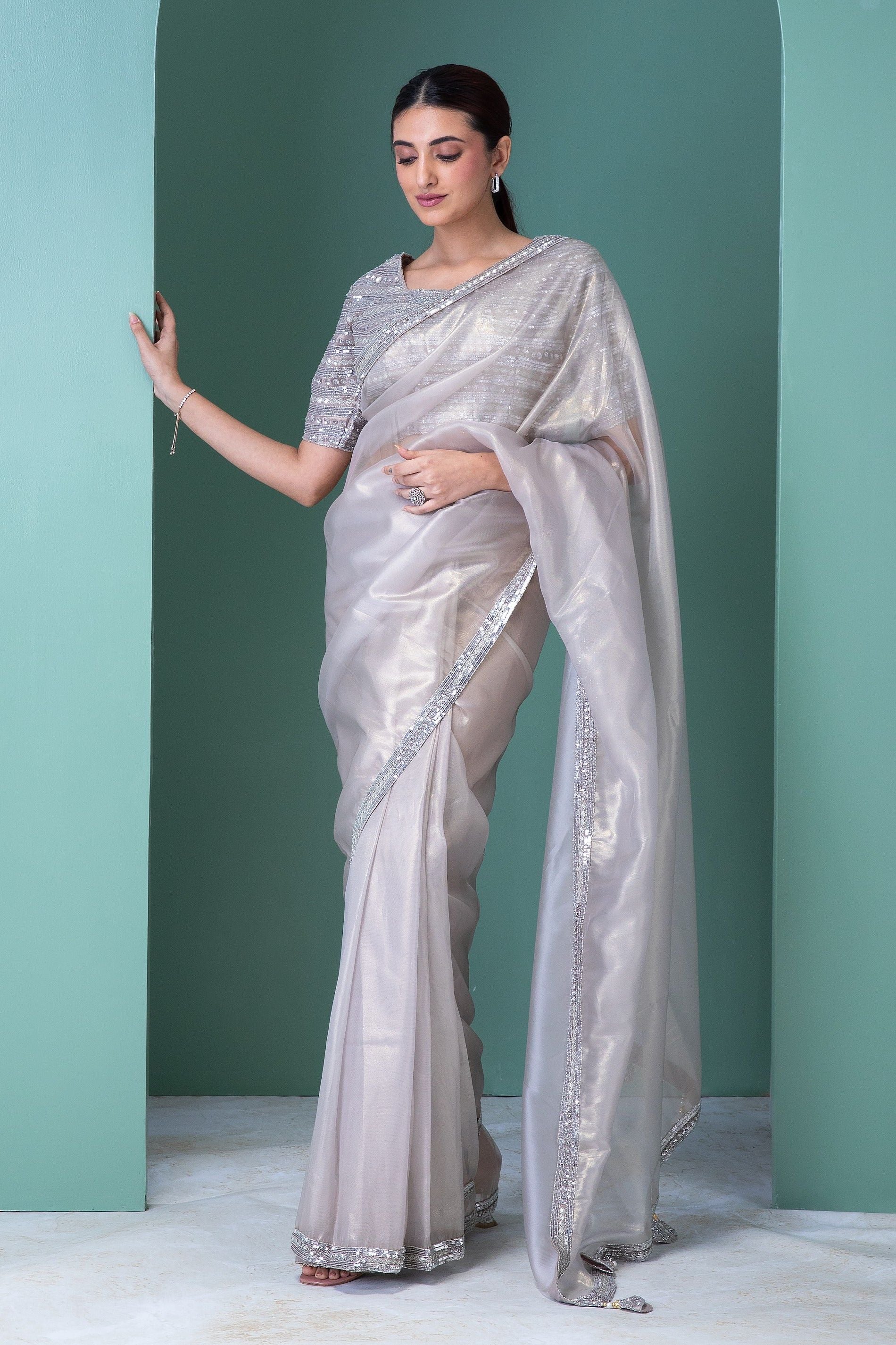 Silver Tissue Saree with Crystal Beads and Sequins Embellishments - Mokshaa