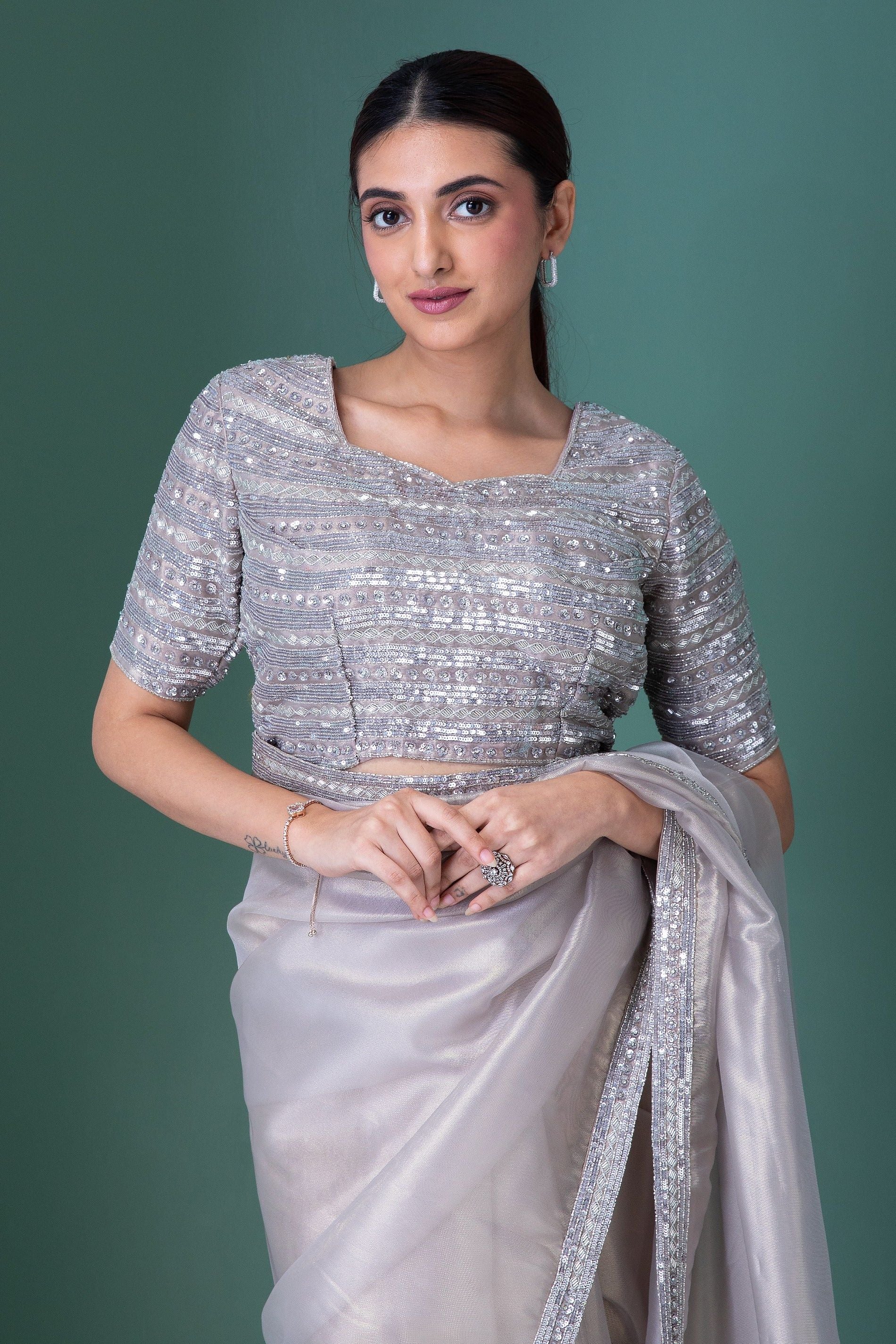 Silver Tissue Saree with Crystal Beads and Sequins Embellishments - Mokshaa