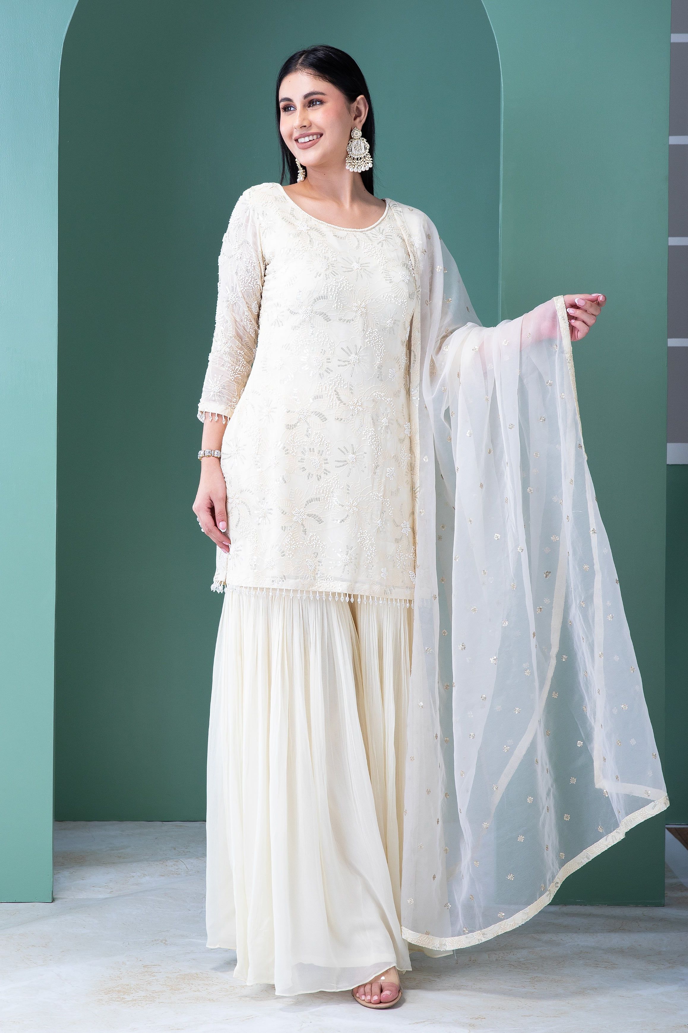 Ivory Georgette Sharara Set - Mokshaa