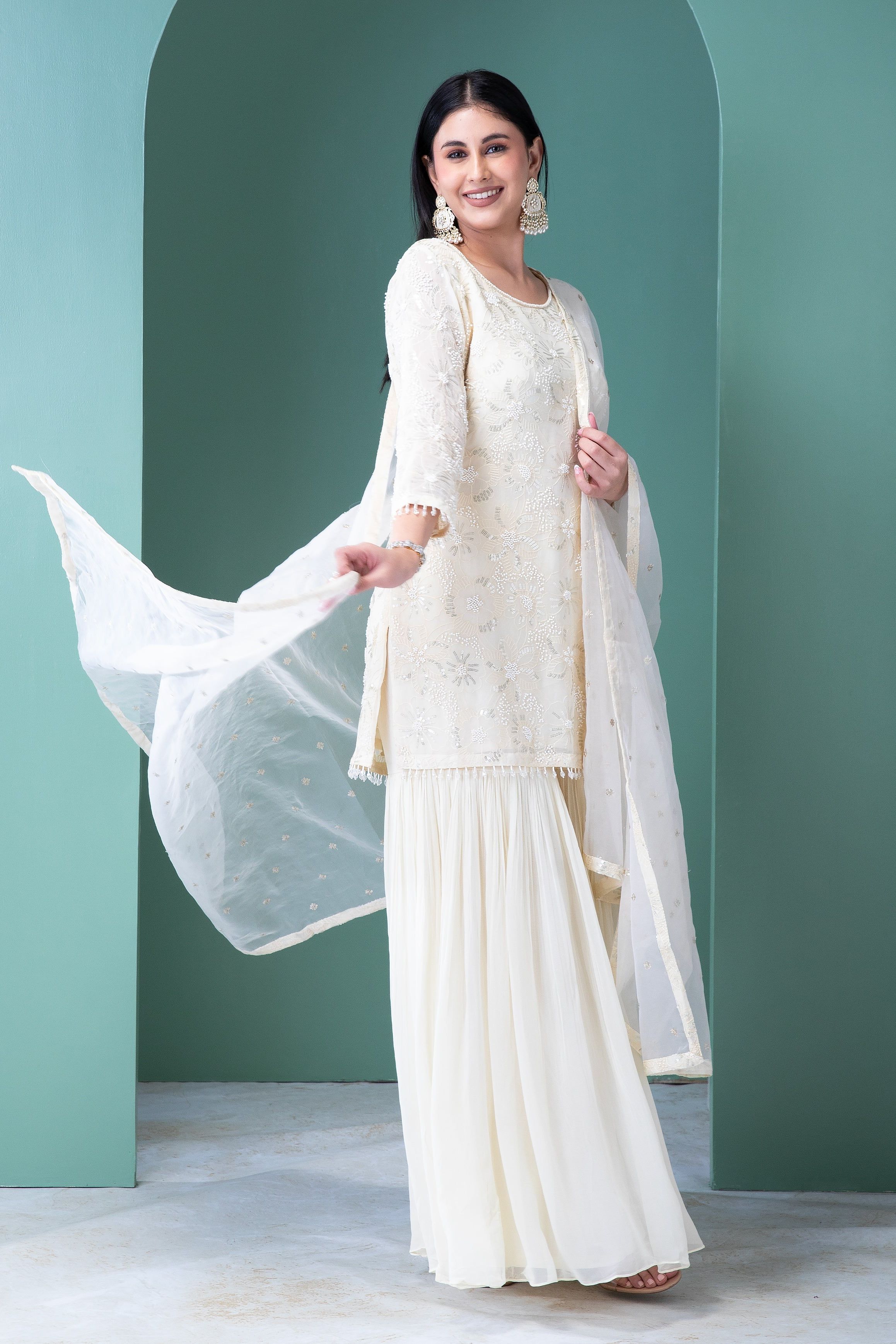 Ivory Georgette Sharara Set - Mokshaa