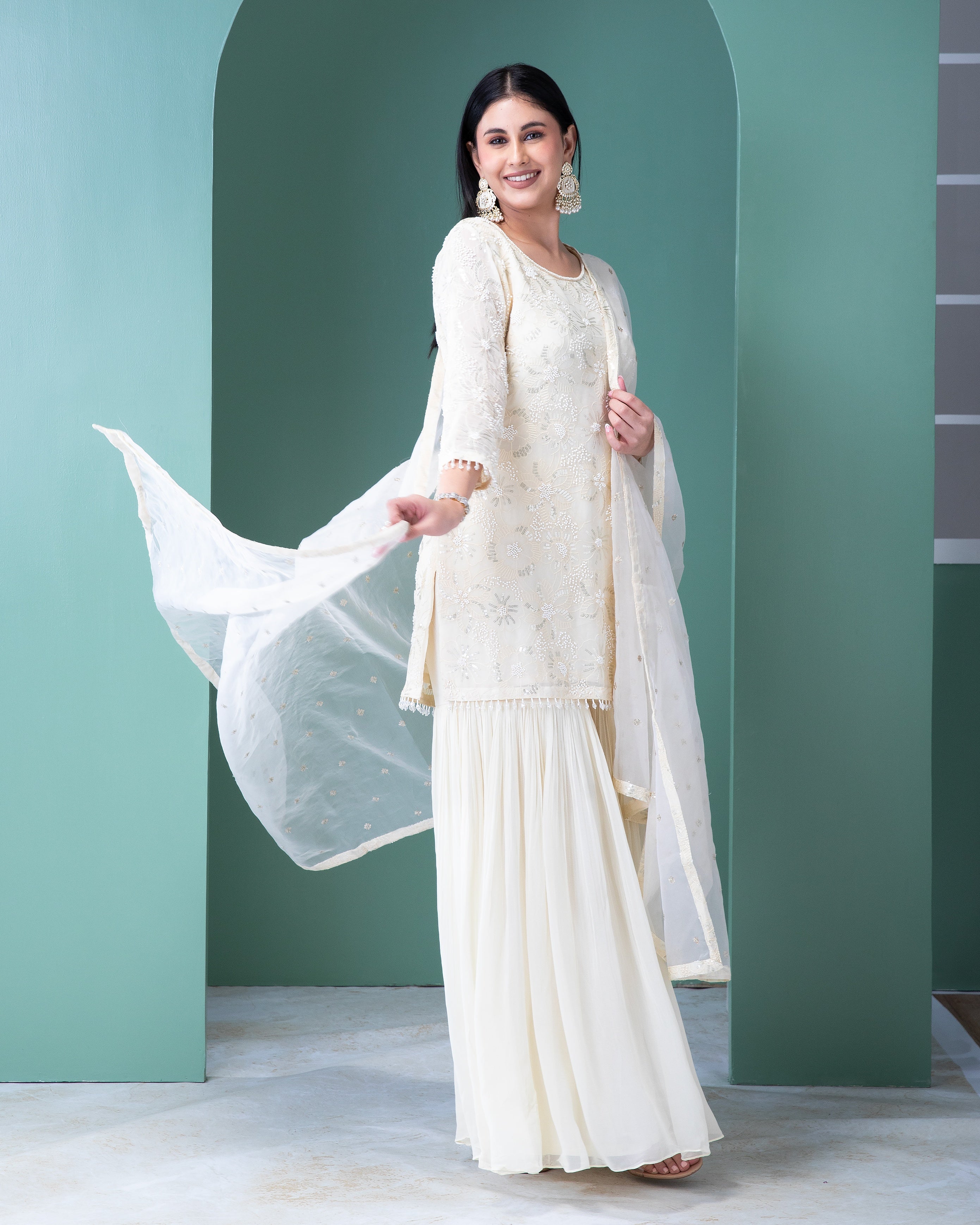 Ivory Georgette Sharara Set - Mokshaa