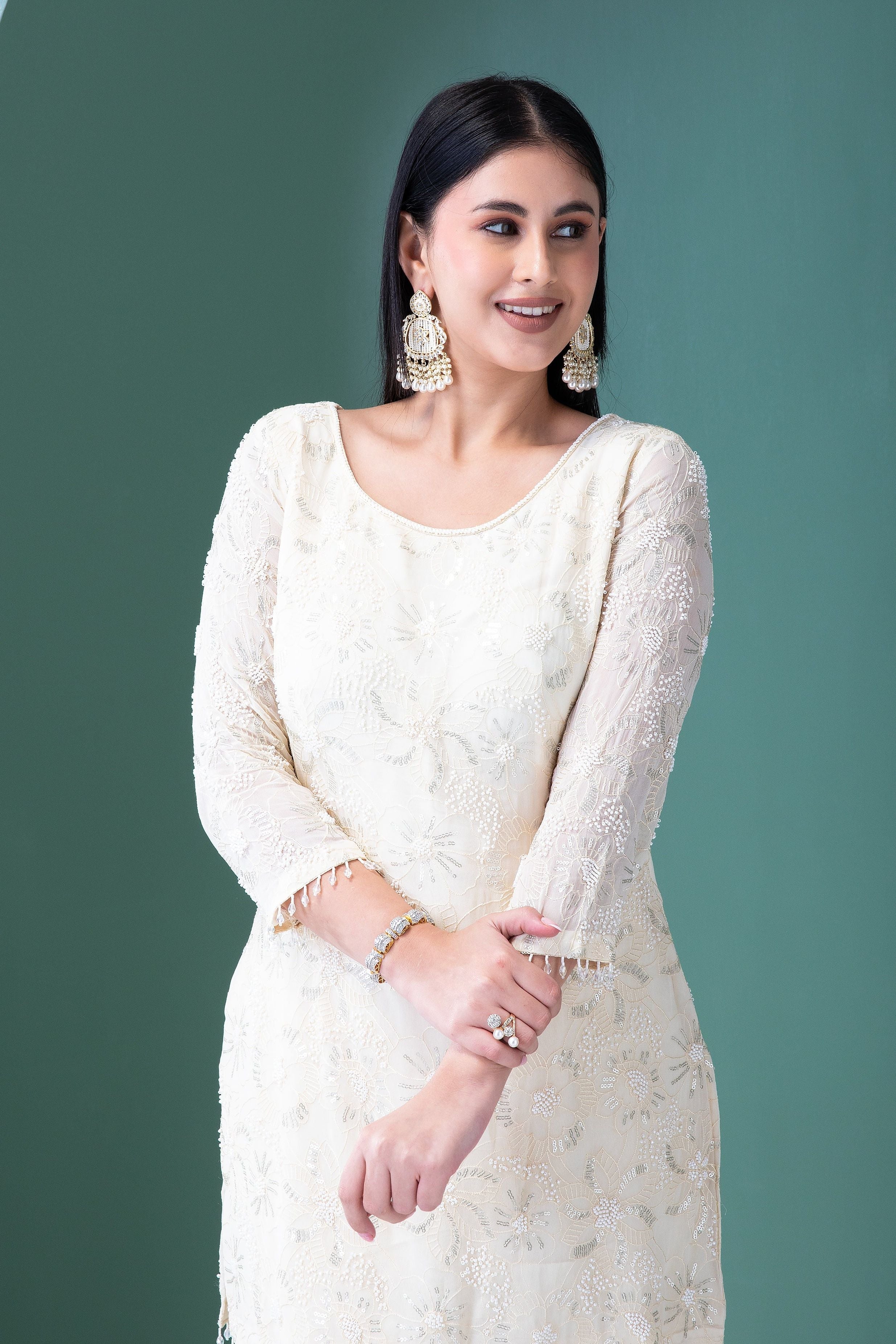 Ivory Georgette Sharara Set - Mokshaa