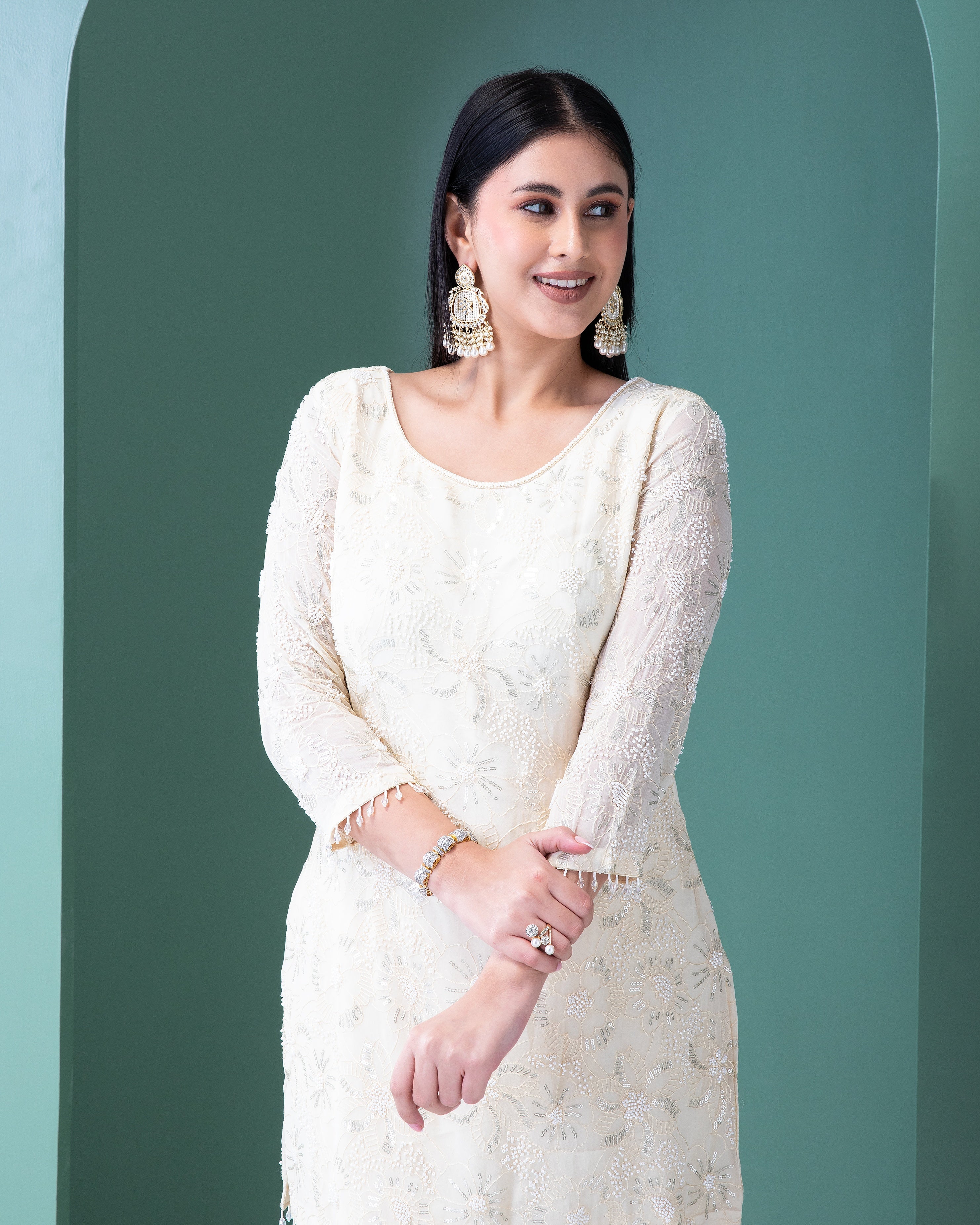 Ivory Georgette Sharara Set - Mokshaa