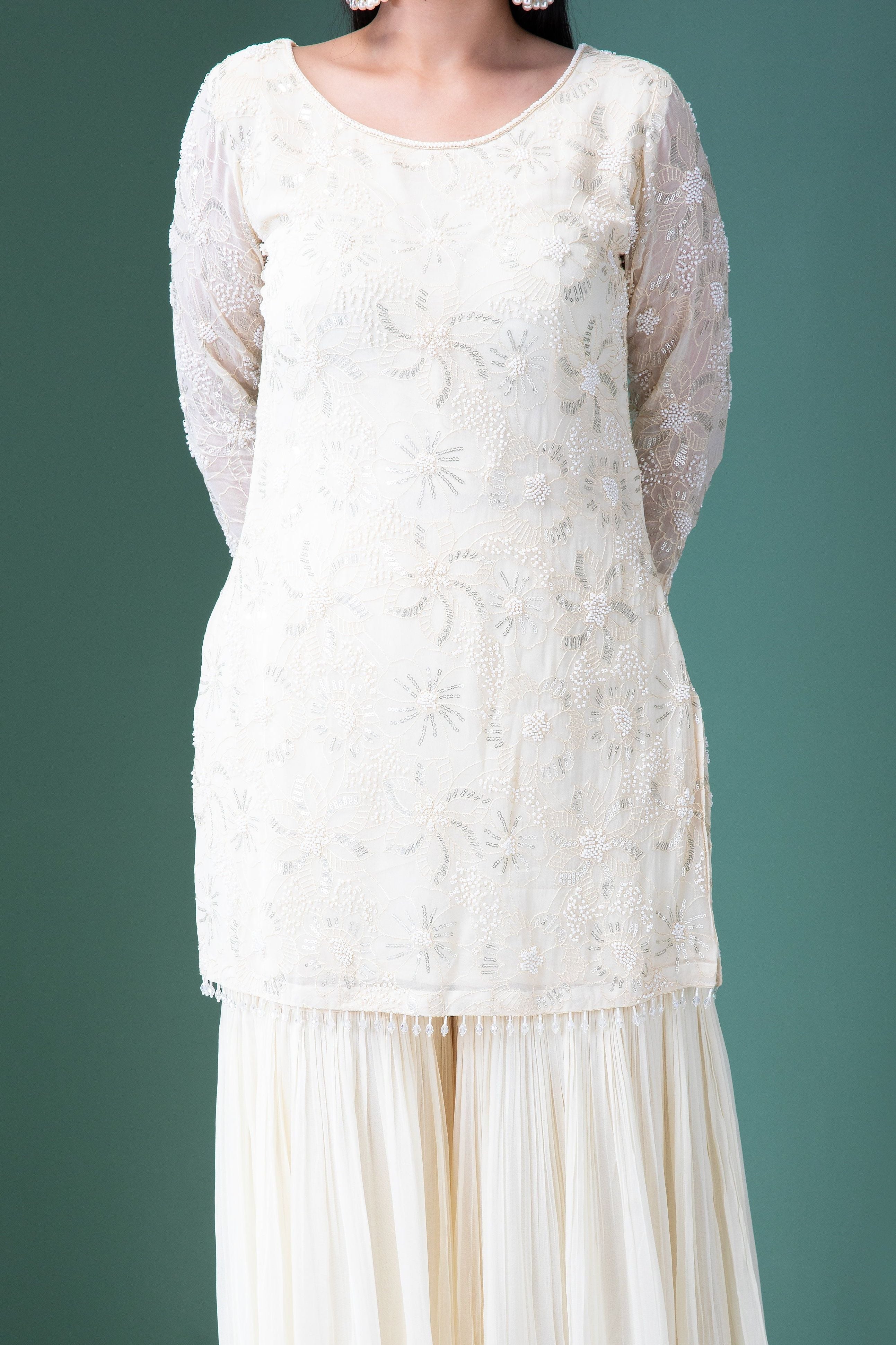 Ivory Georgette Sharara Set - Mokshaa