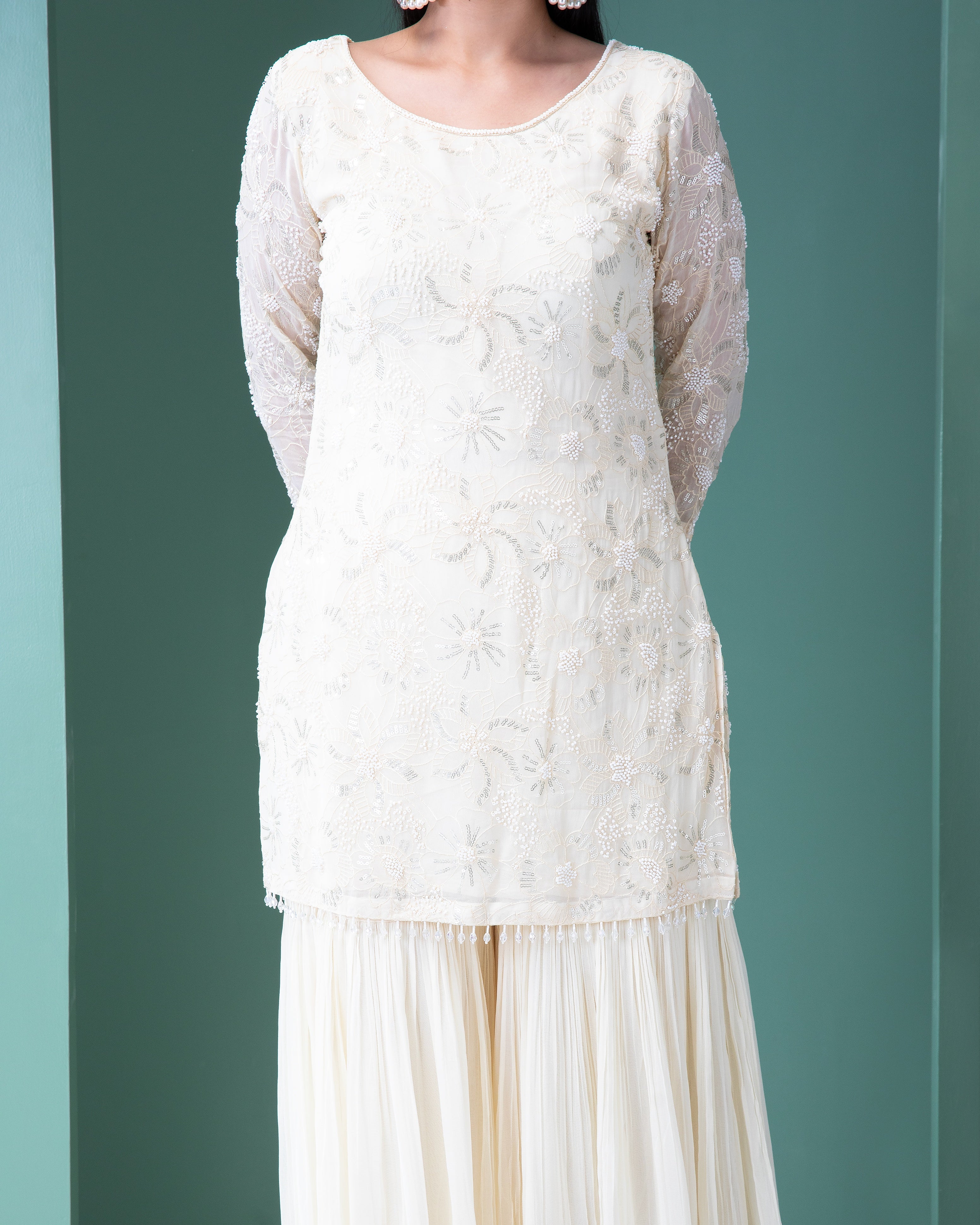 Ivory Georgette Sharara Set - Mokshaa