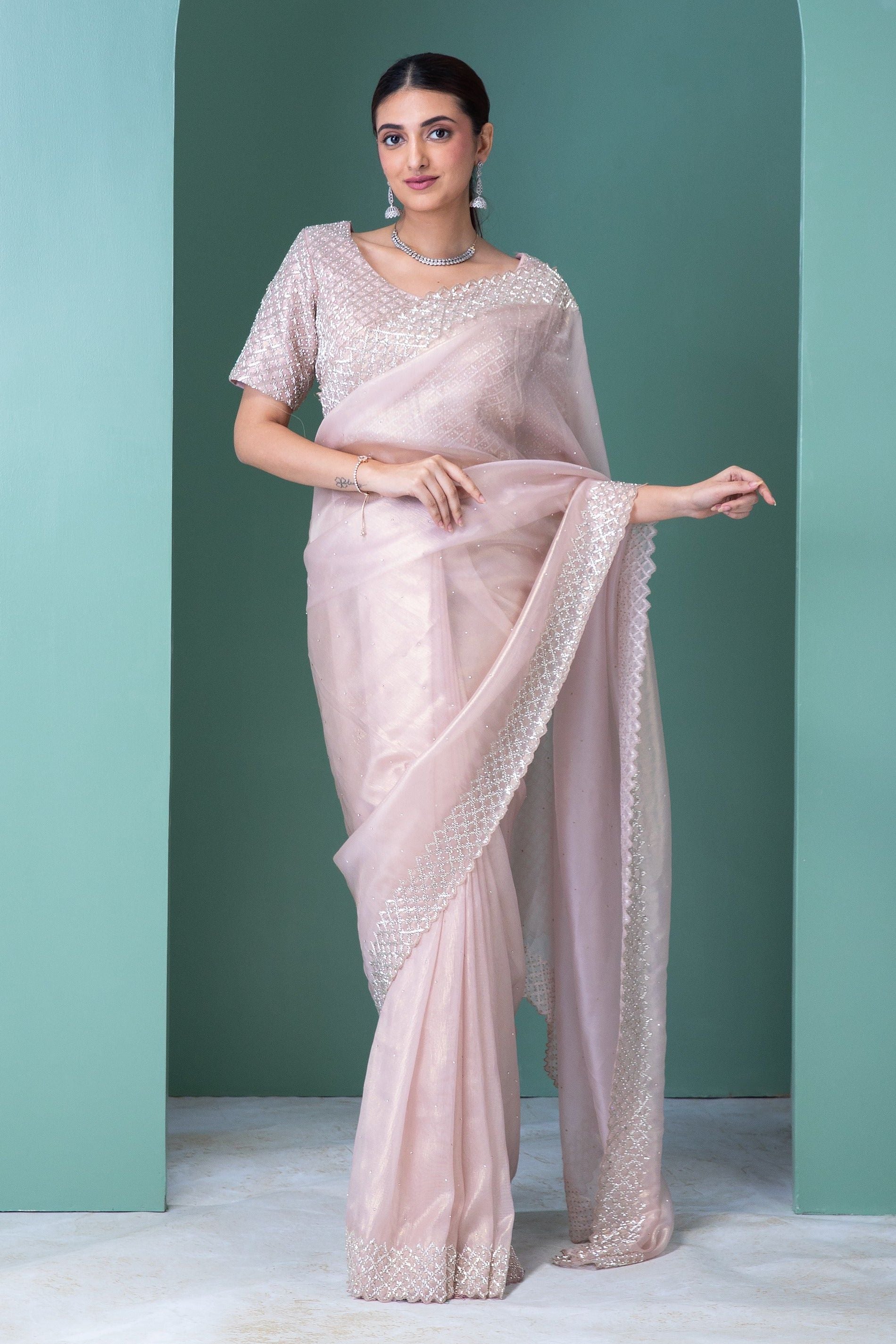 Peach Tissue Saree with Beads and Stone Work - Mokshaa