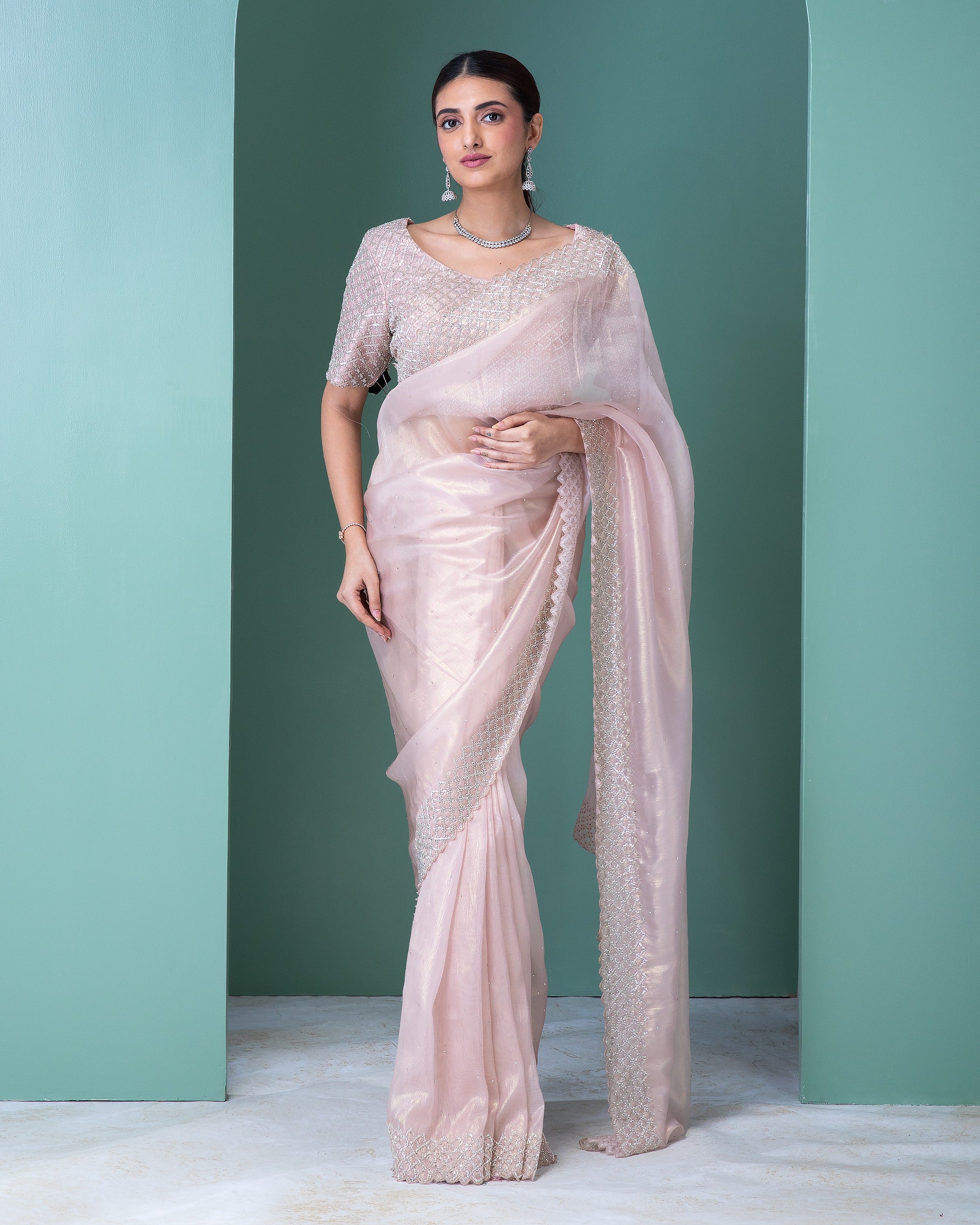 Peach Tissue Saree with Beads and Stone Work - Mokshaa