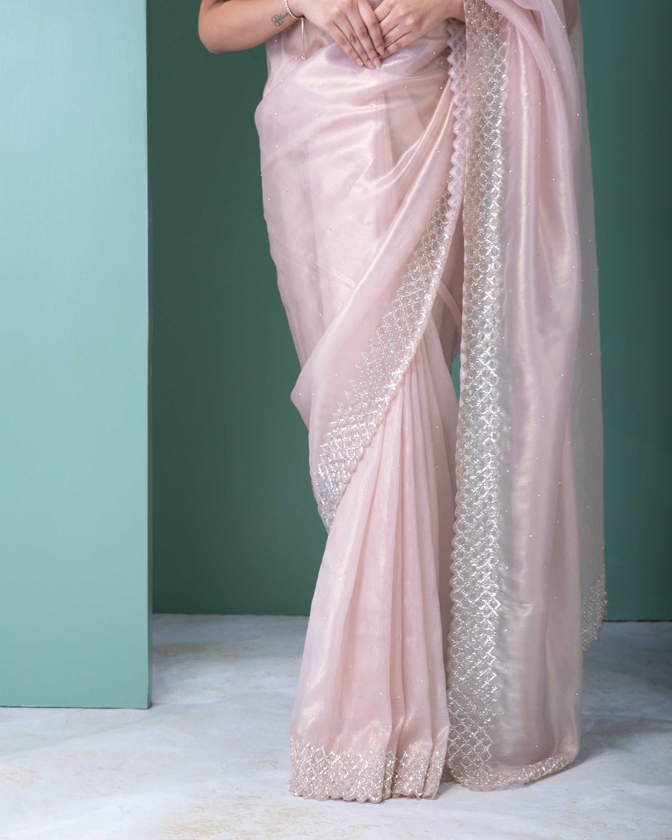 Peach Tissue Saree with Beads and Stone Work - Mokshaa