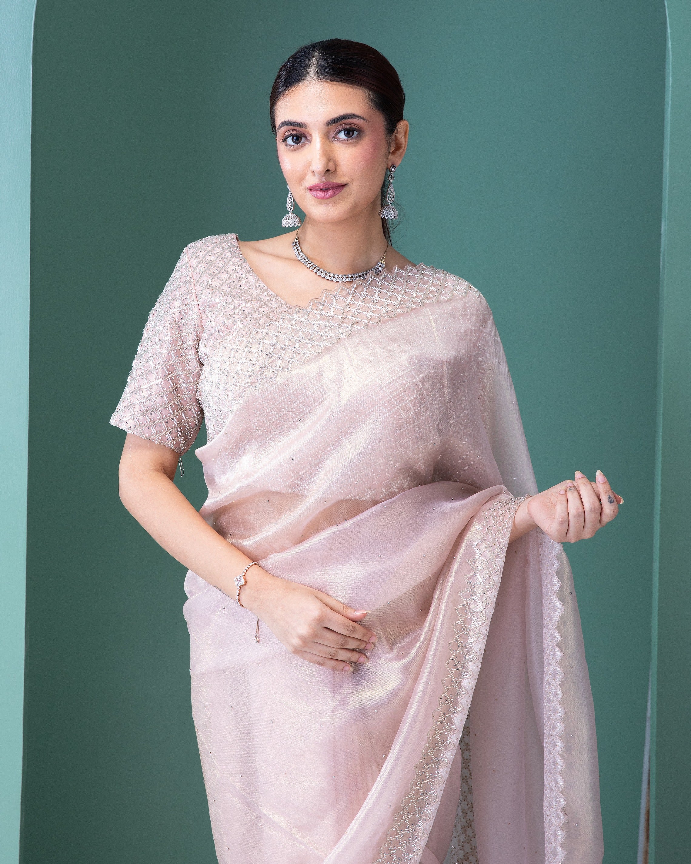 Peach Tissue Saree with Beads and Stone Work - Mokshaa