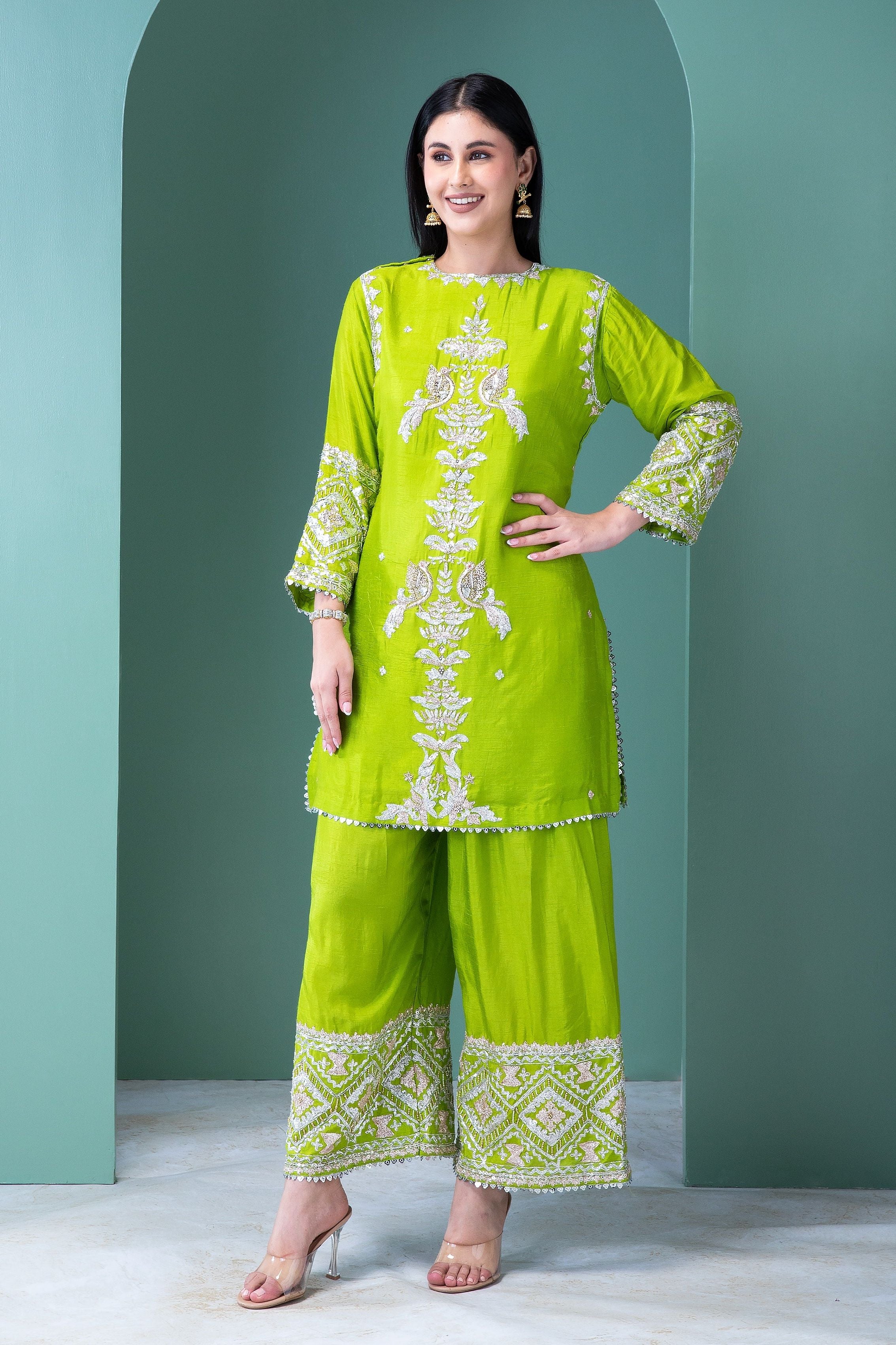 Forest Green Raw Silk Co-ord Set - Mokshaa