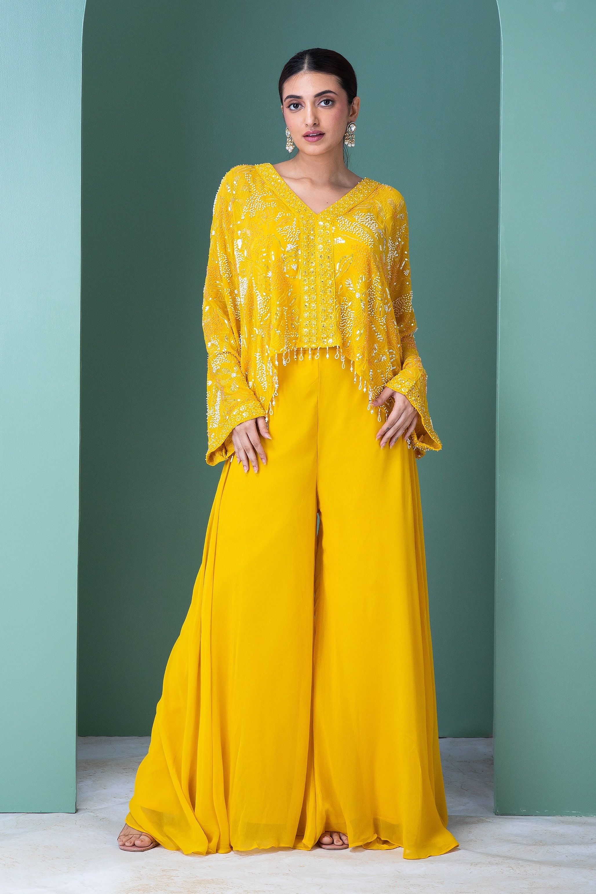 Bright Yellow Georgette Indo-Western Set - Mokshaa