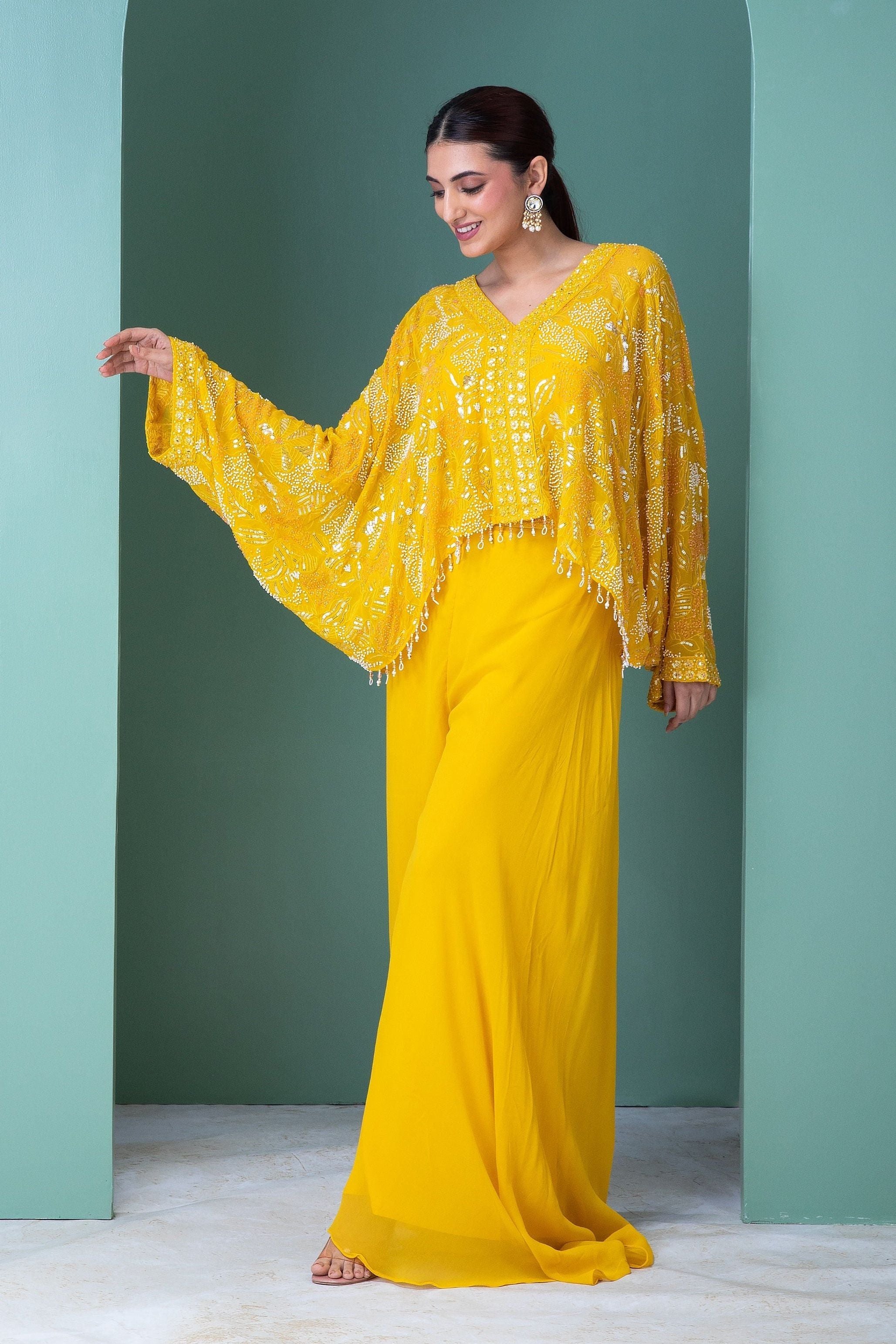 Bright Yellow Georgette Indo-Western Set - Mokshaa