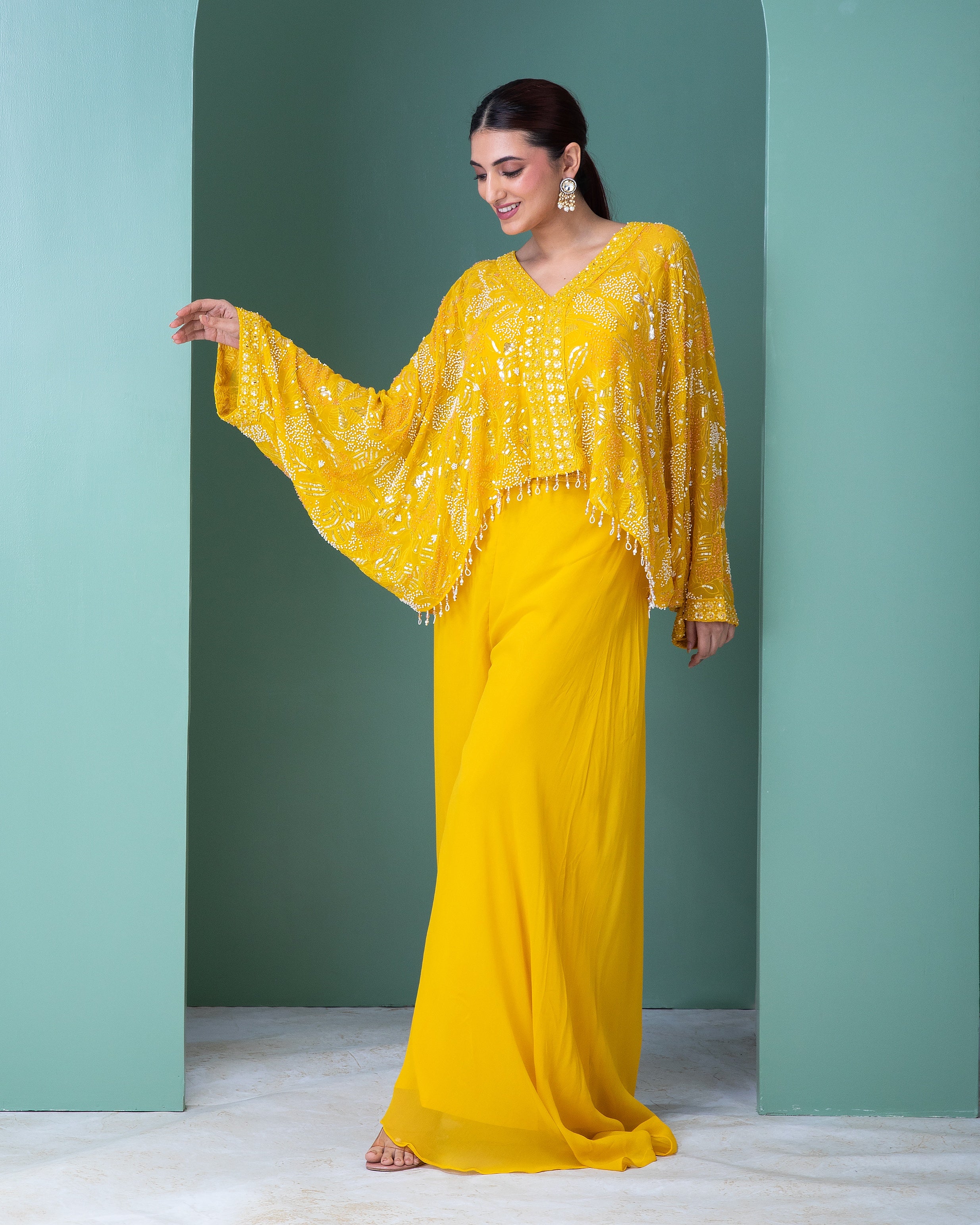 Bright Yellow Georgette Indo-Western Set - Mokshaa