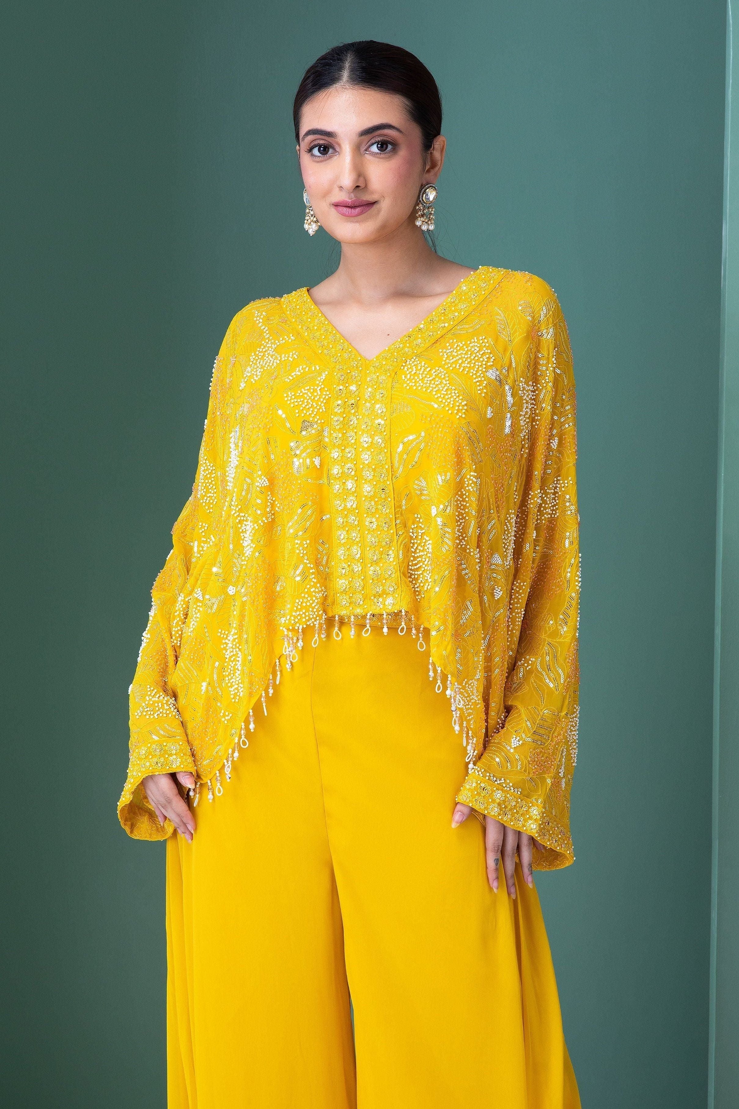 Bright Yellow Georgette Indo-Western Set - Mokshaa