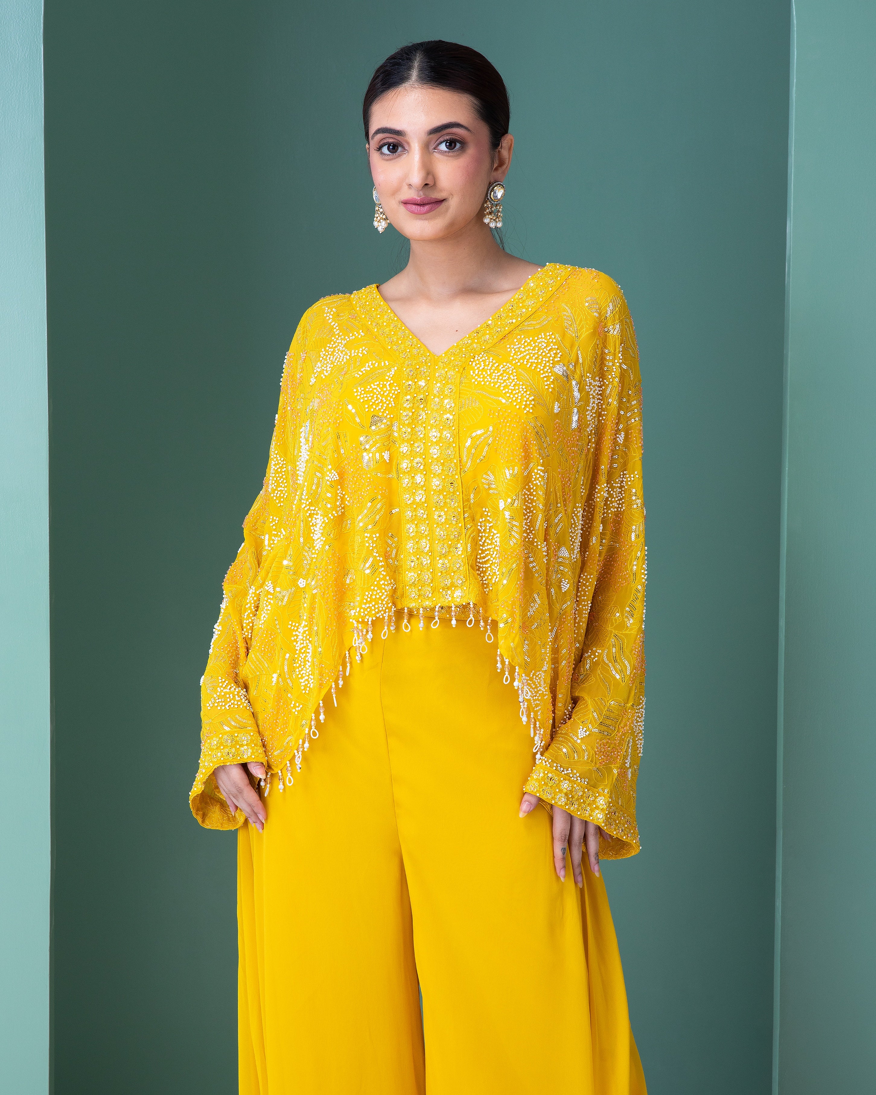 Bright Yellow Georgette Indo-Western Set - Mokshaa