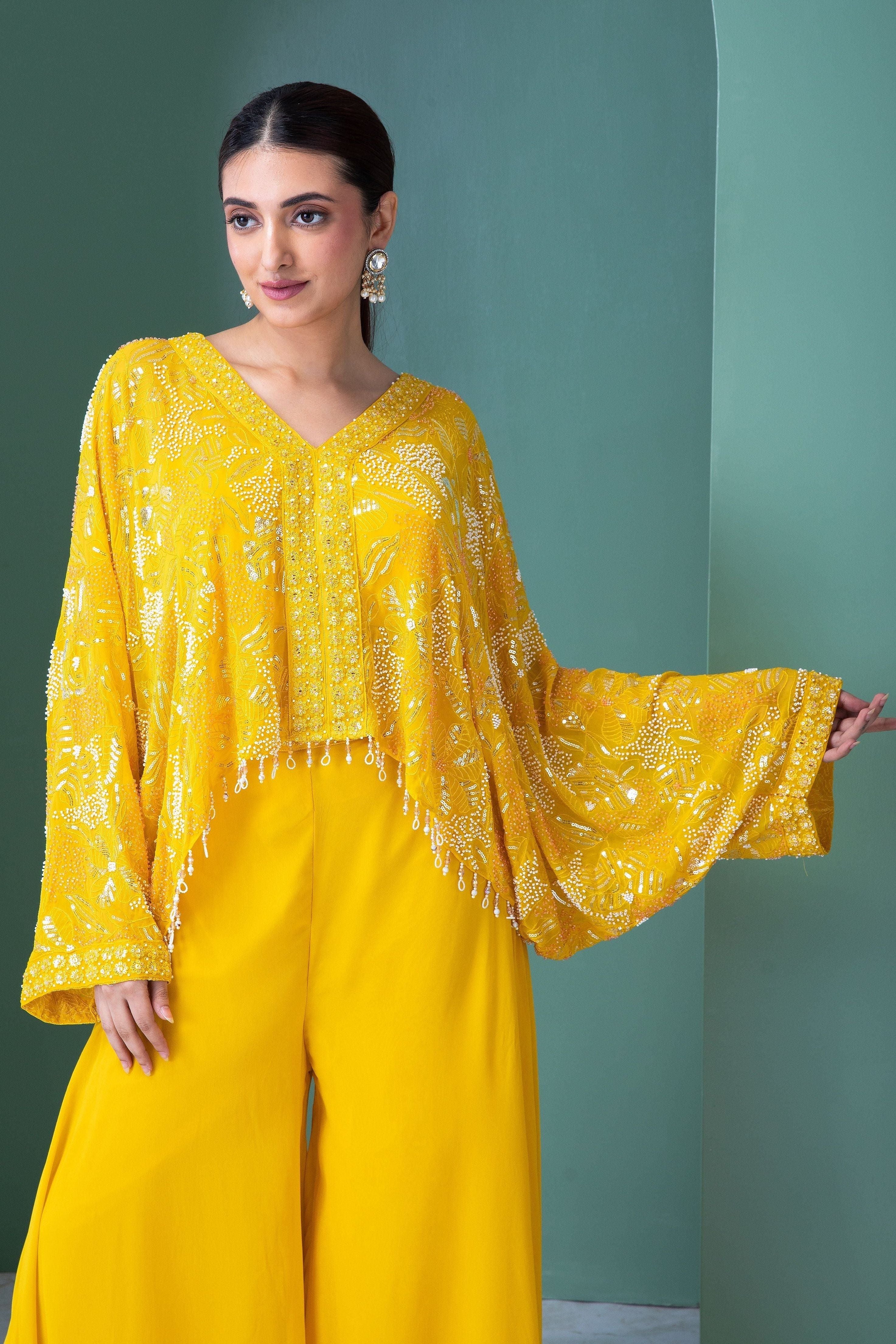 Bright Yellow Georgette Indo-Western Set - Mokshaa