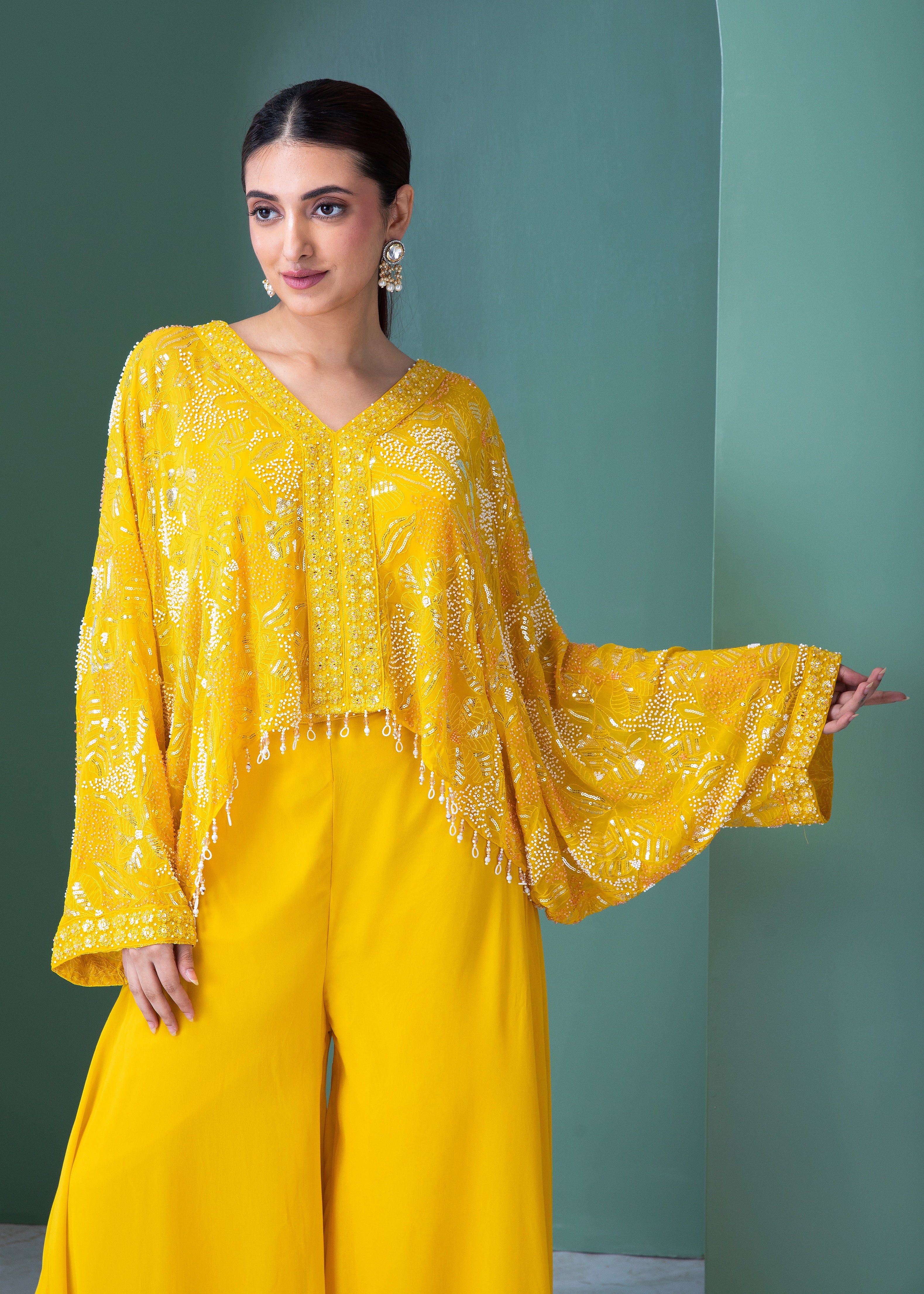 Bright Yellow Georgette Indo-Western Set - Mokshaa