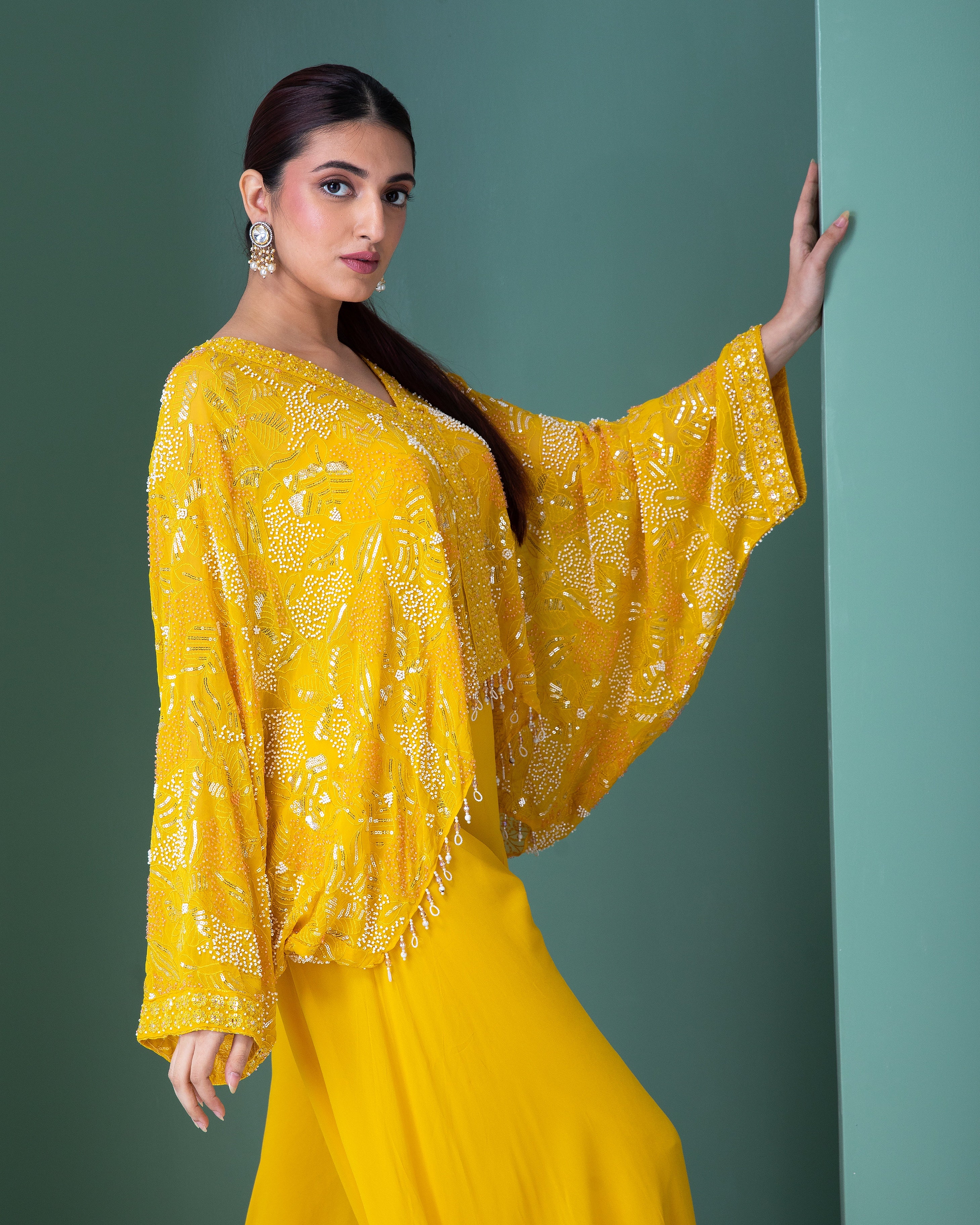 Bright Yellow Georgette Indo-Western Set - Mokshaa