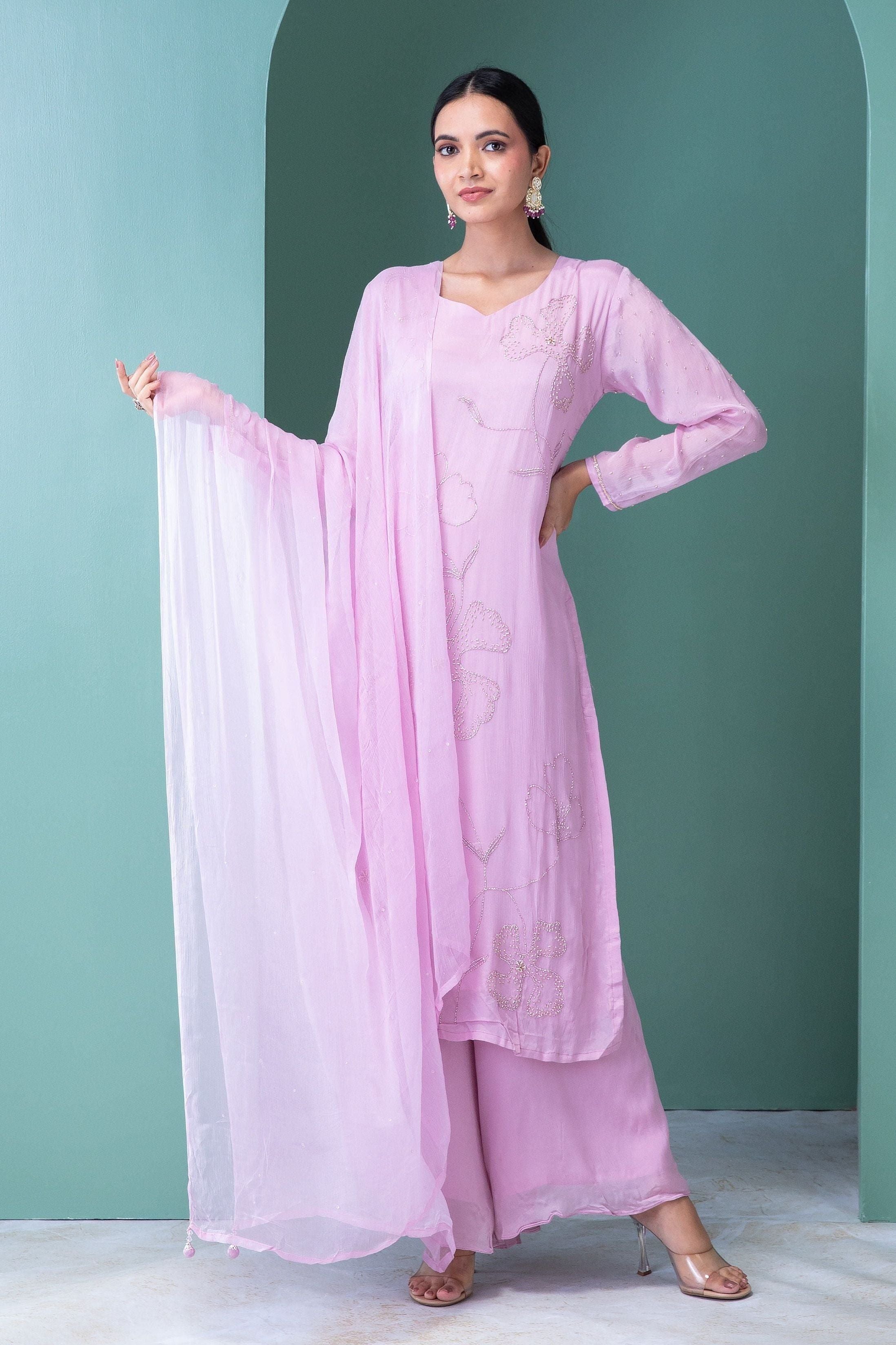 Lavender Blush Georgette Kurta and Palazzo Set - Mokshaa