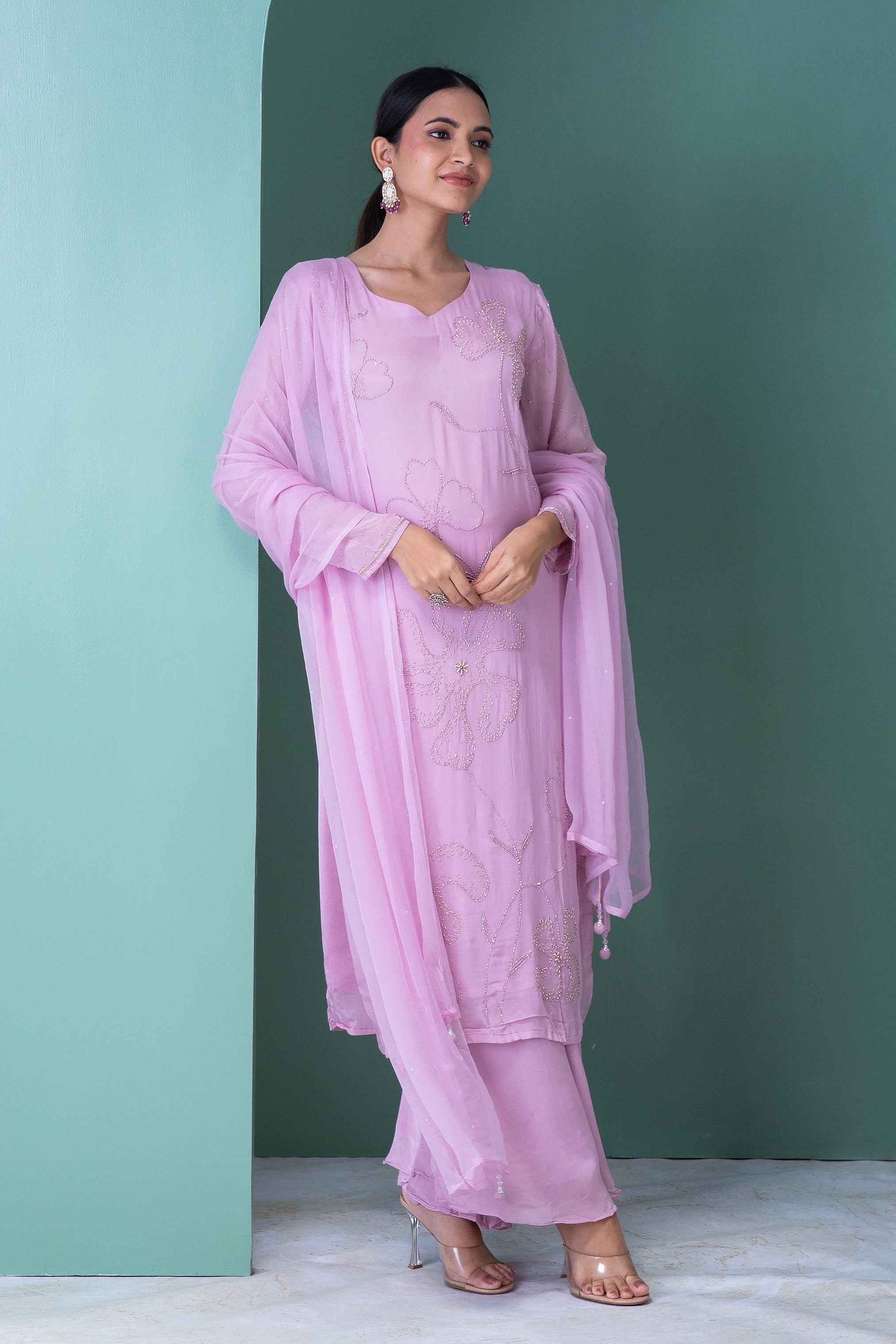 Lavender Blush Georgette Kurta and Palazzo Set - Mokshaa