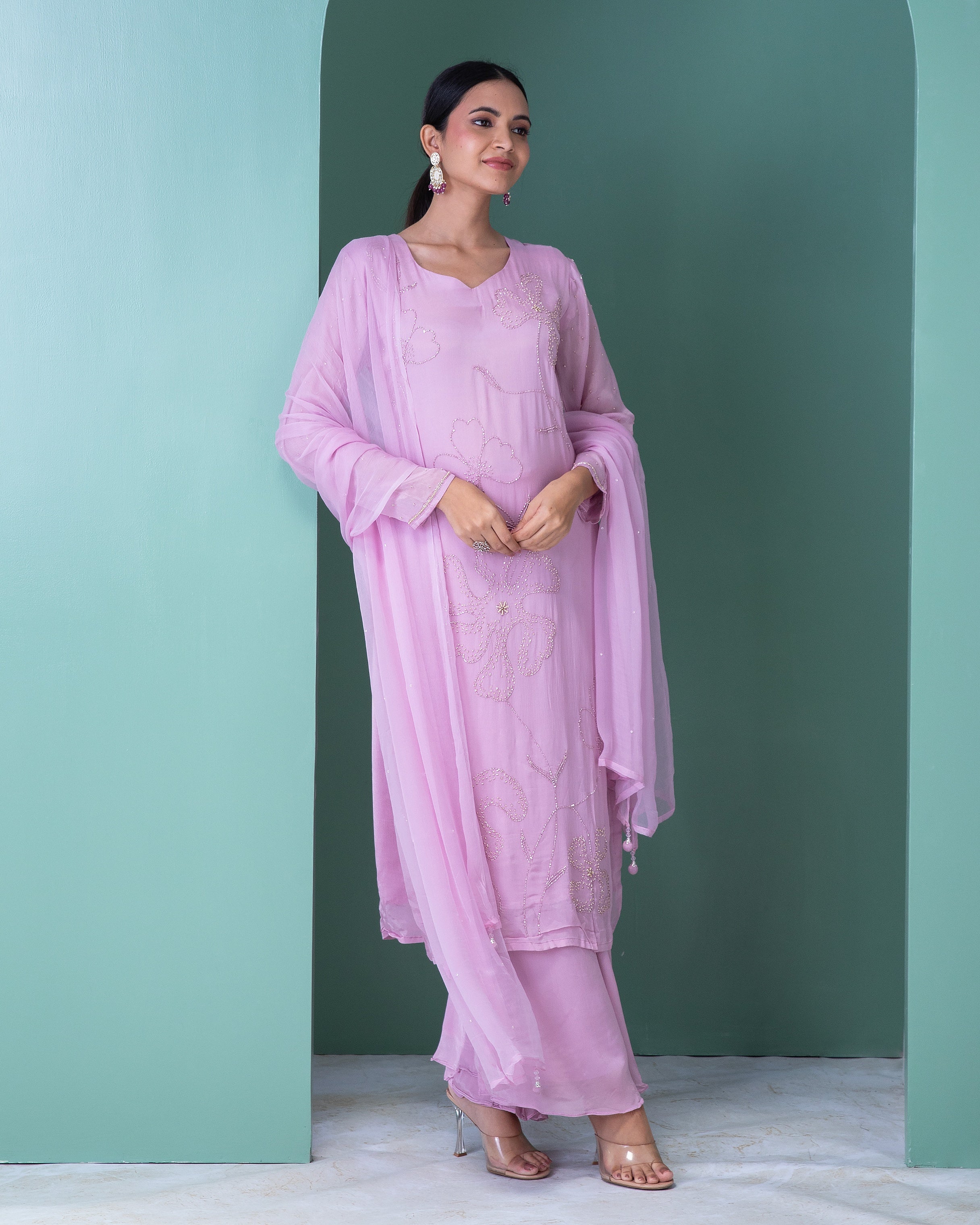 Lavender Blush Georgette Kurta and Palazzo Set - Mokshaa