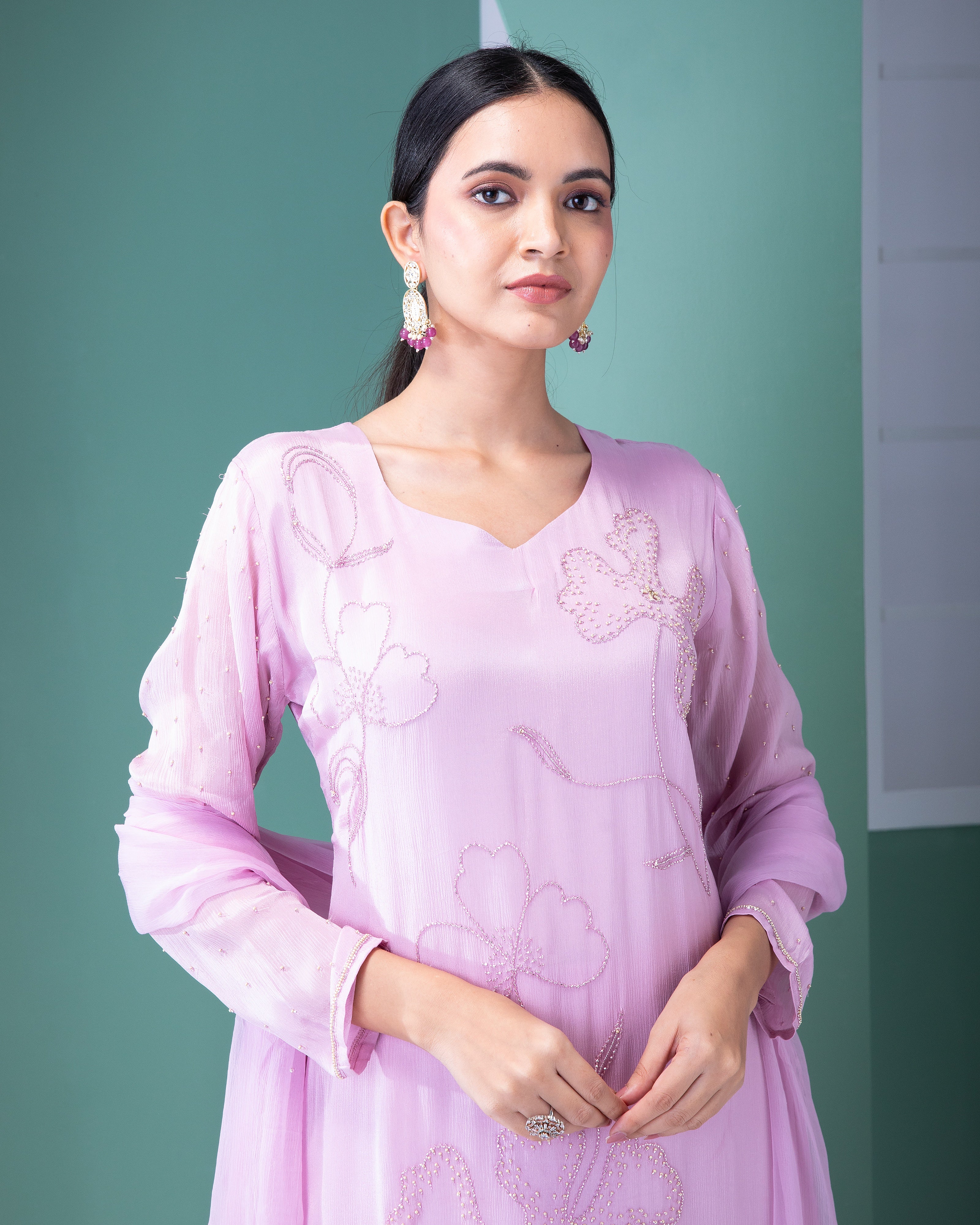 Lavender Blush Georgette Kurta and Palazzo Set - Mokshaa