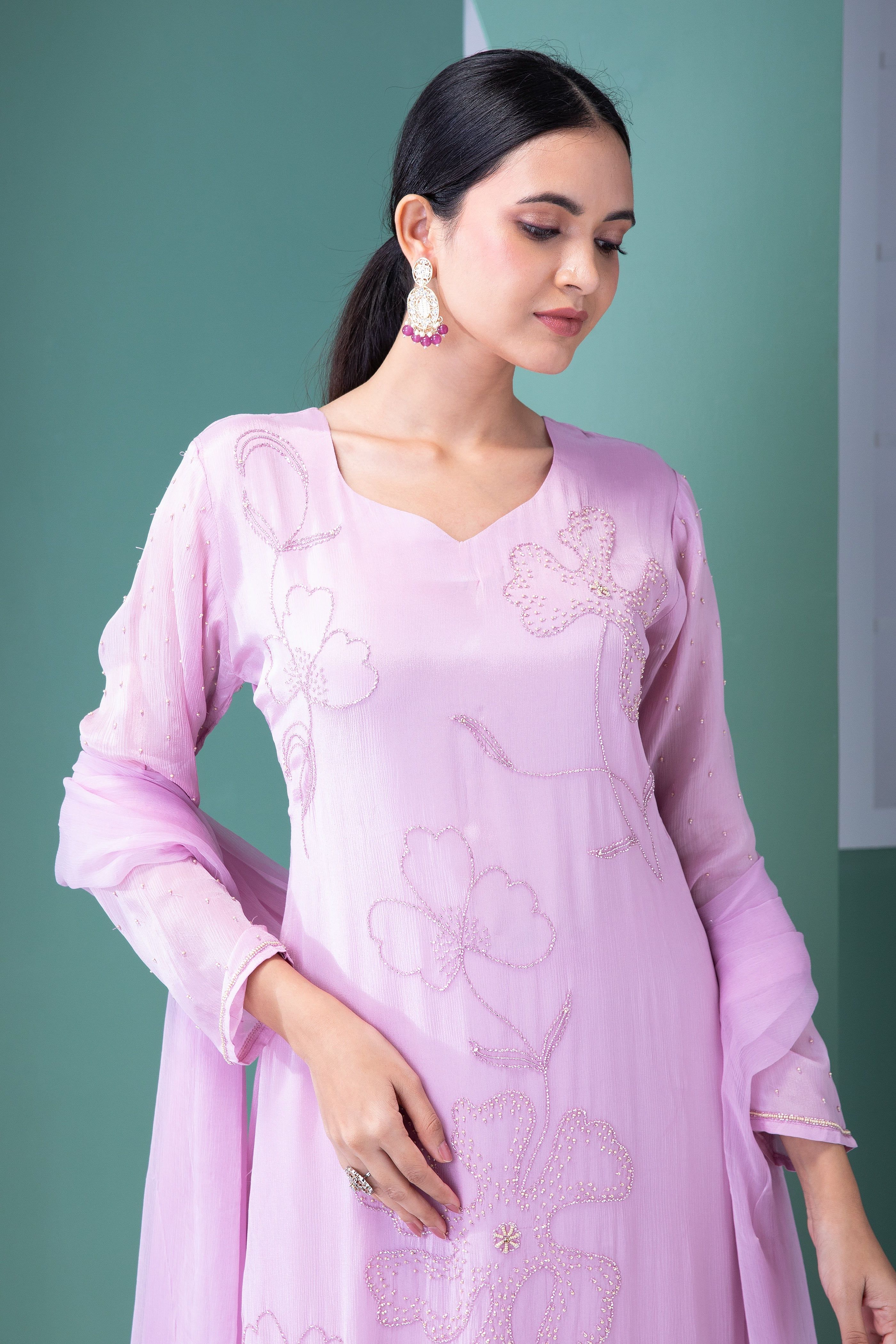 Lavender Blush Georgette Kurta and Palazzo Set - Mokshaa