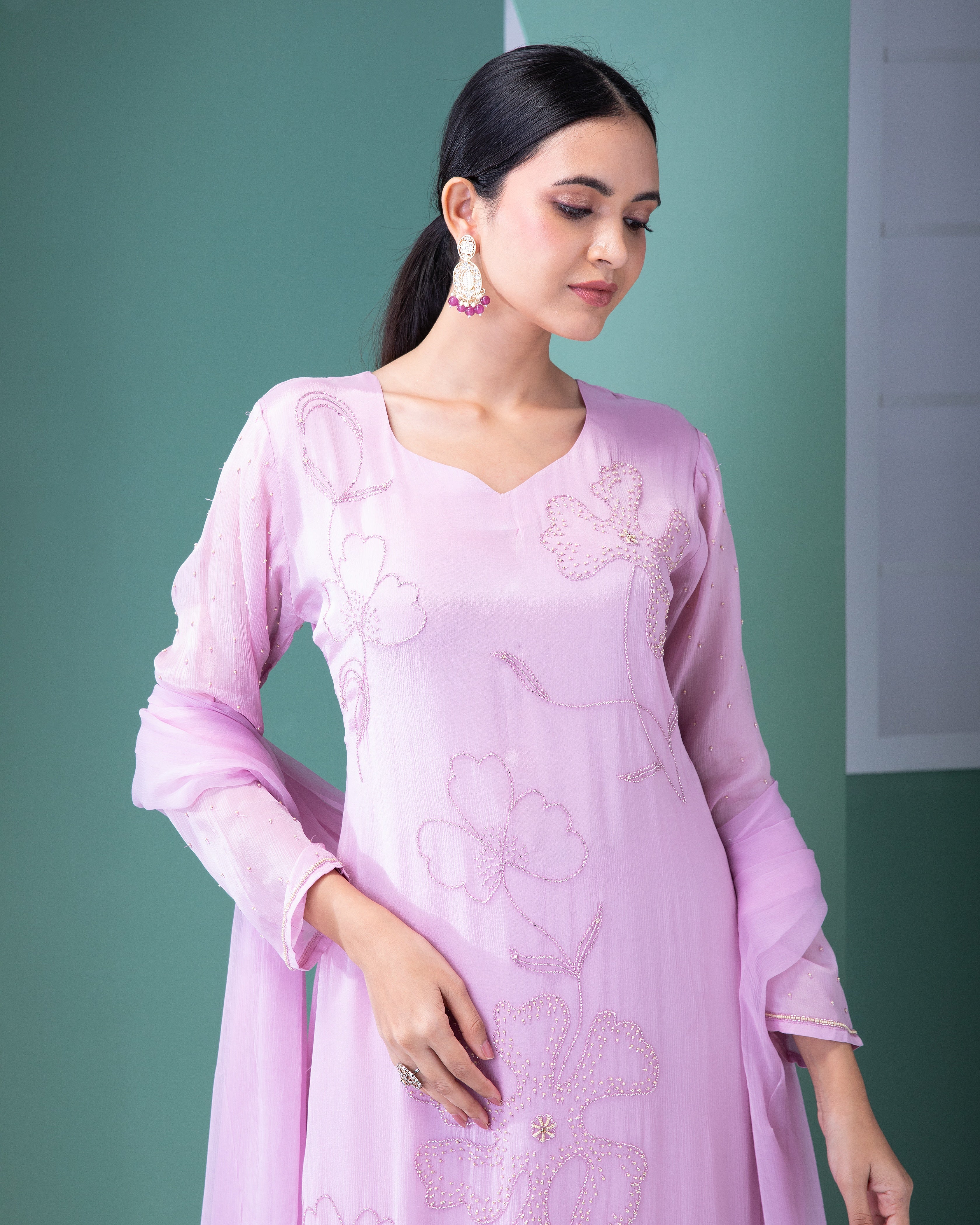 Lavender Blush Georgette Kurta and Palazzo Set - Mokshaa