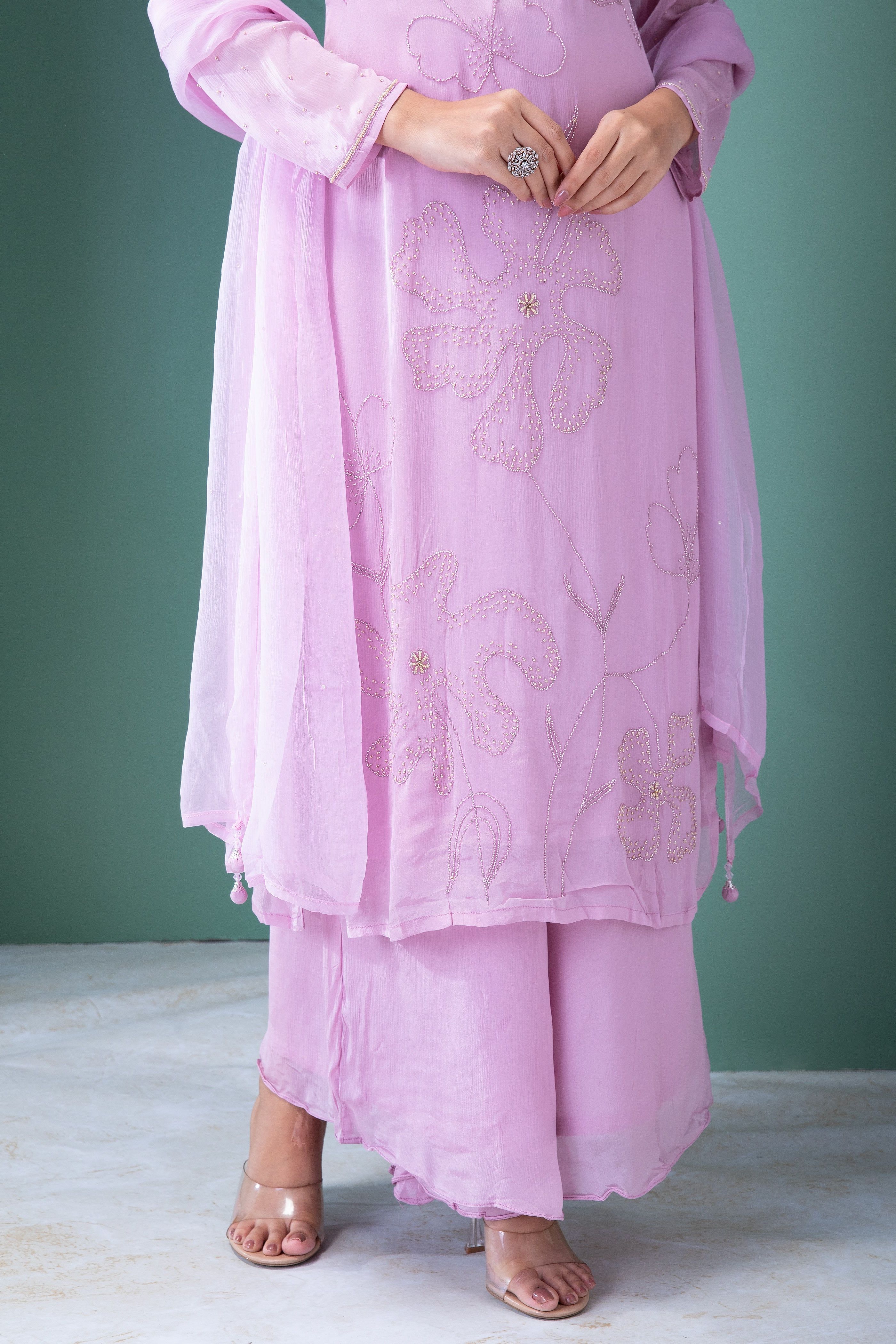 Lavender Blush Georgette Kurta and Palazzo Set - Mokshaa