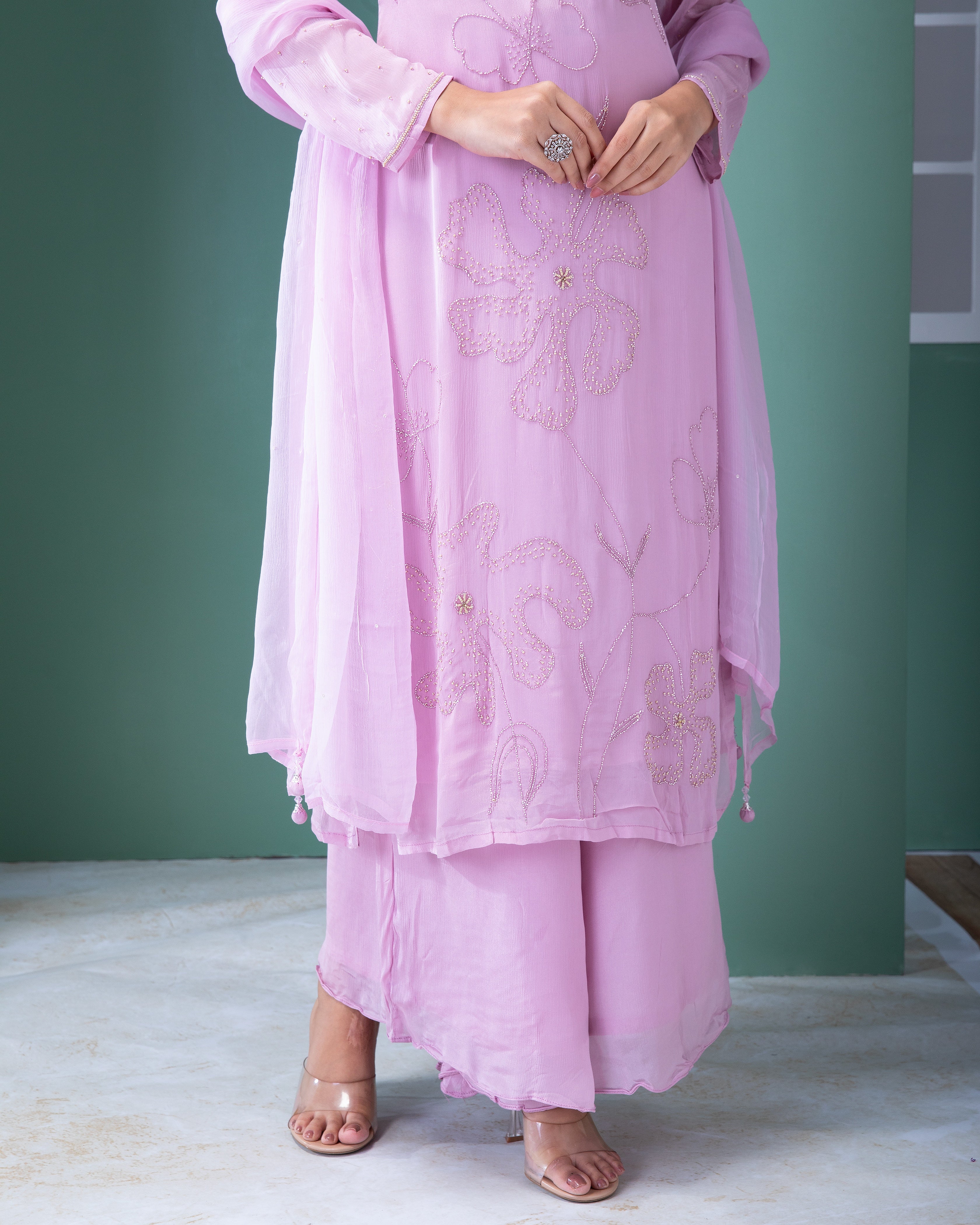 Lavender Blush Georgette Kurta and Palazzo Set - Mokshaa