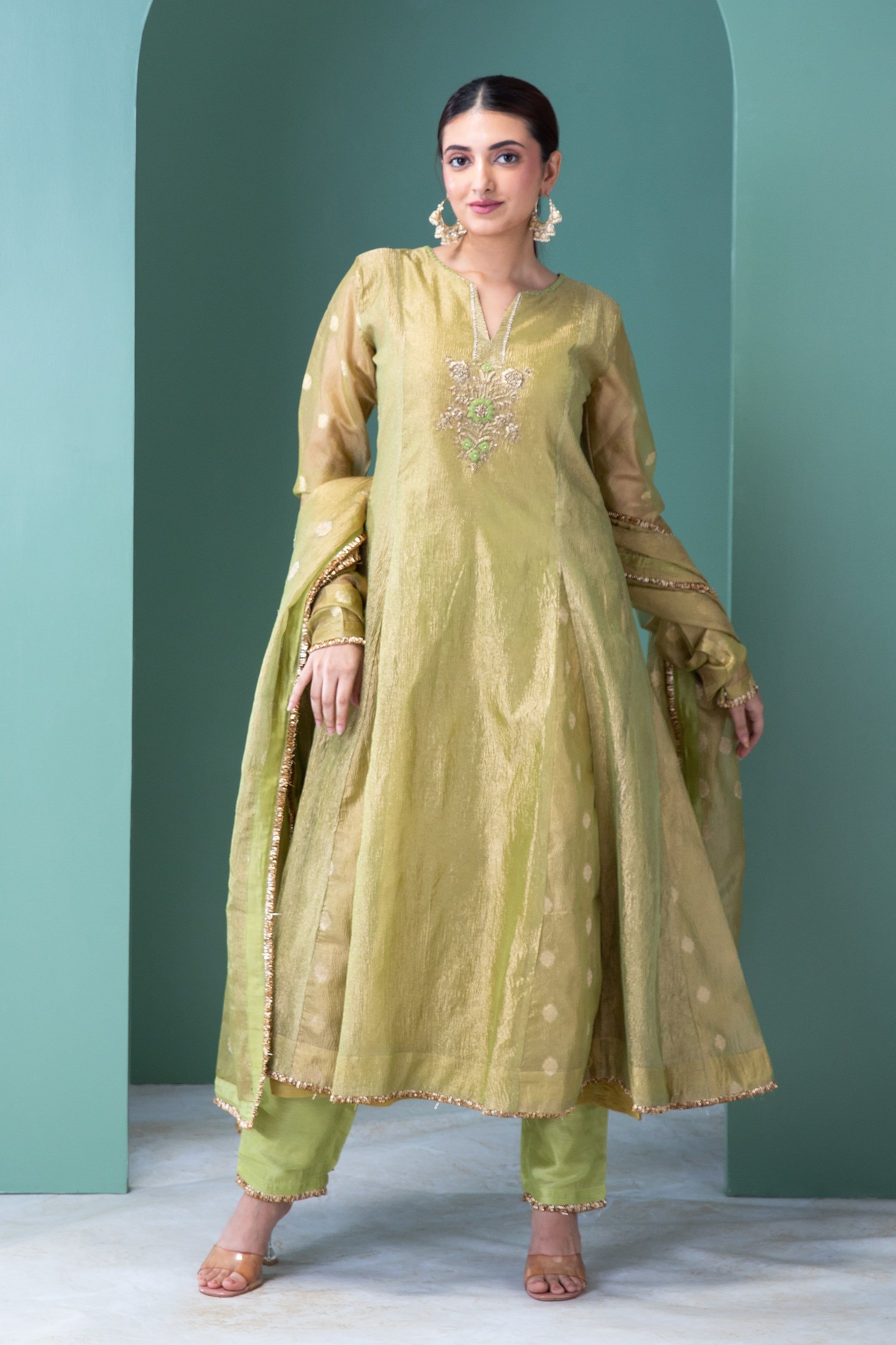 Sage Green Banarasi Tissue Anarkali Set - Mokshaa