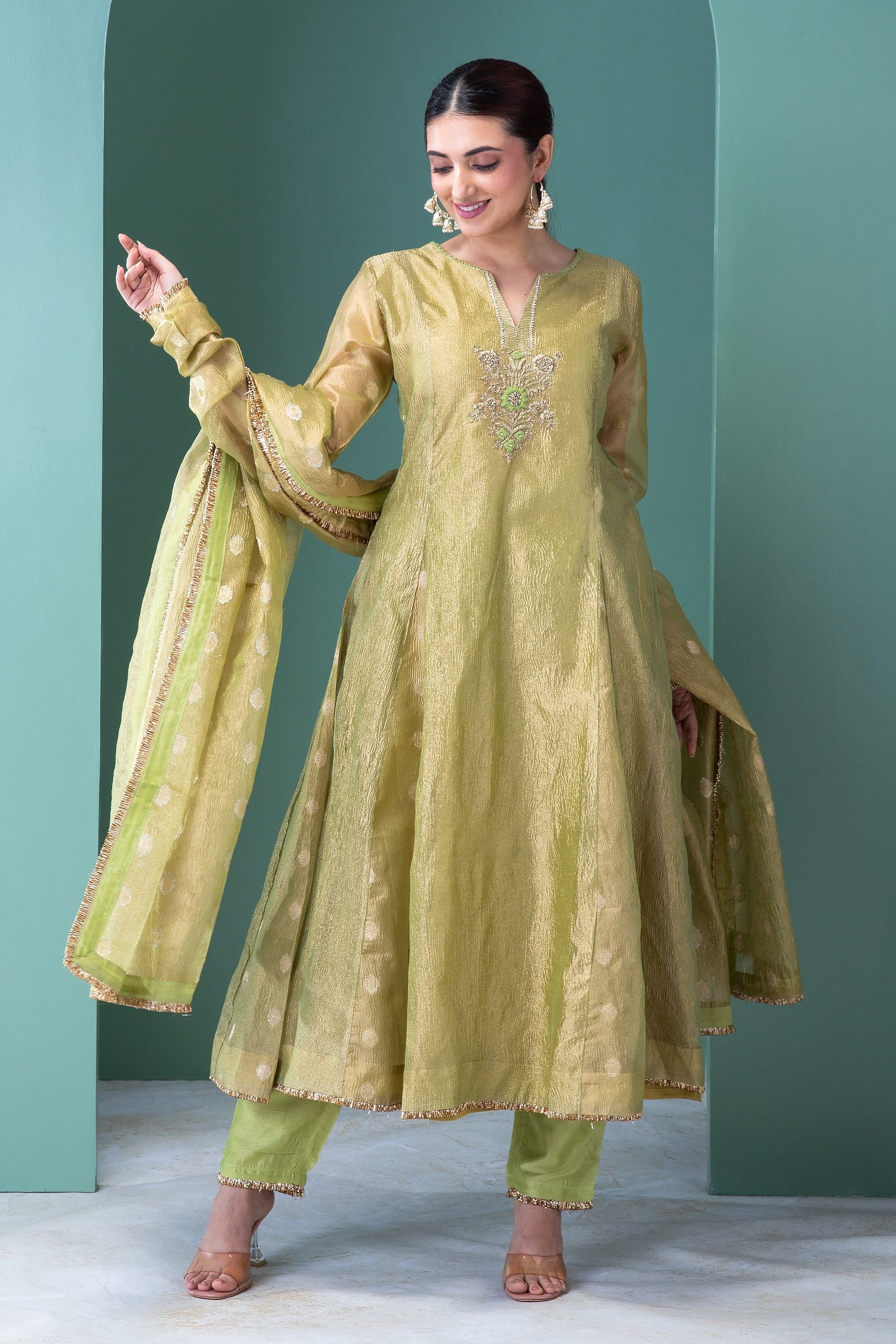 Sage Green Banarasi Tissue Anarkali Set - Mokshaa