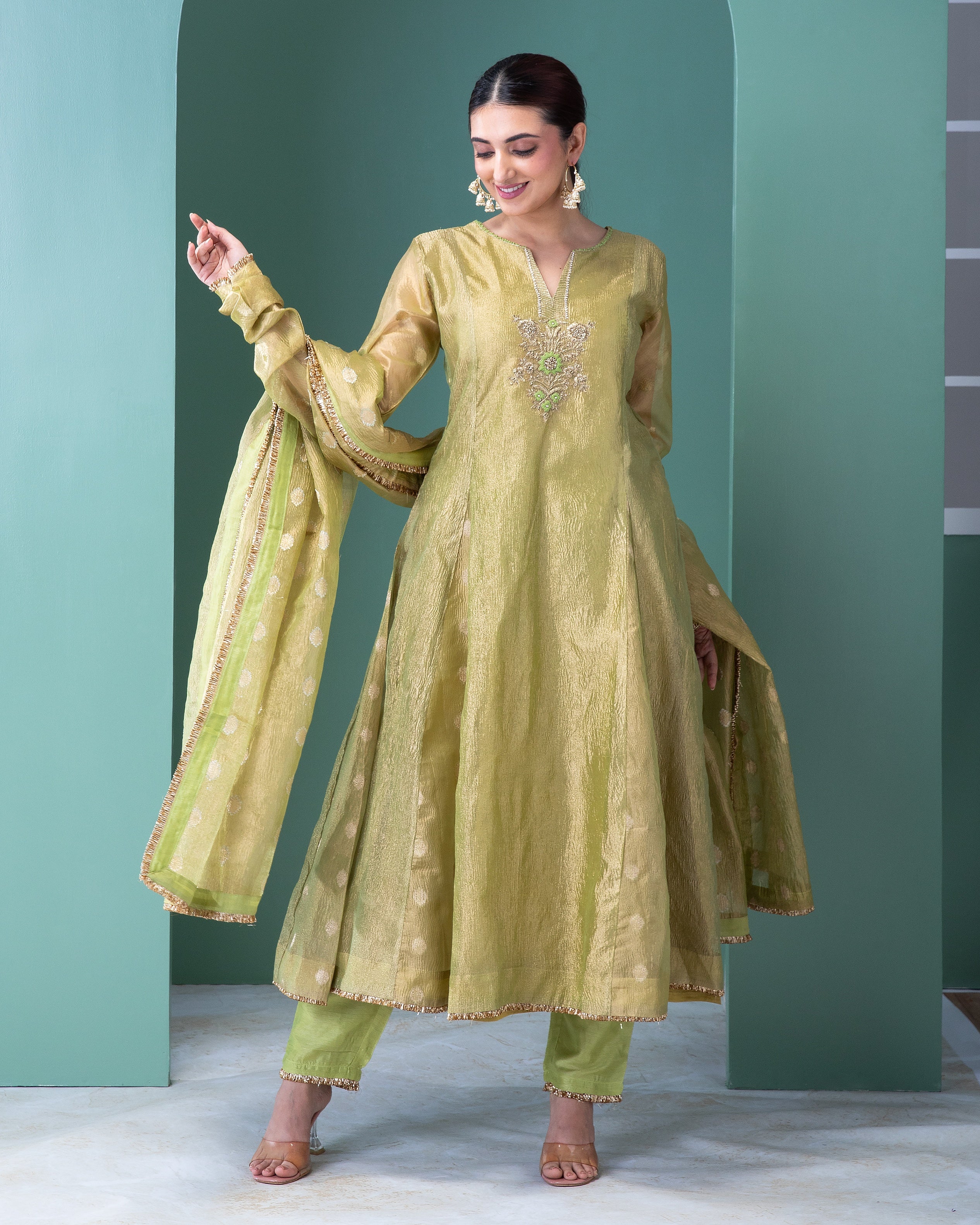 Sage Green Banarasi Tissue Anarkali Set - Mokshaa