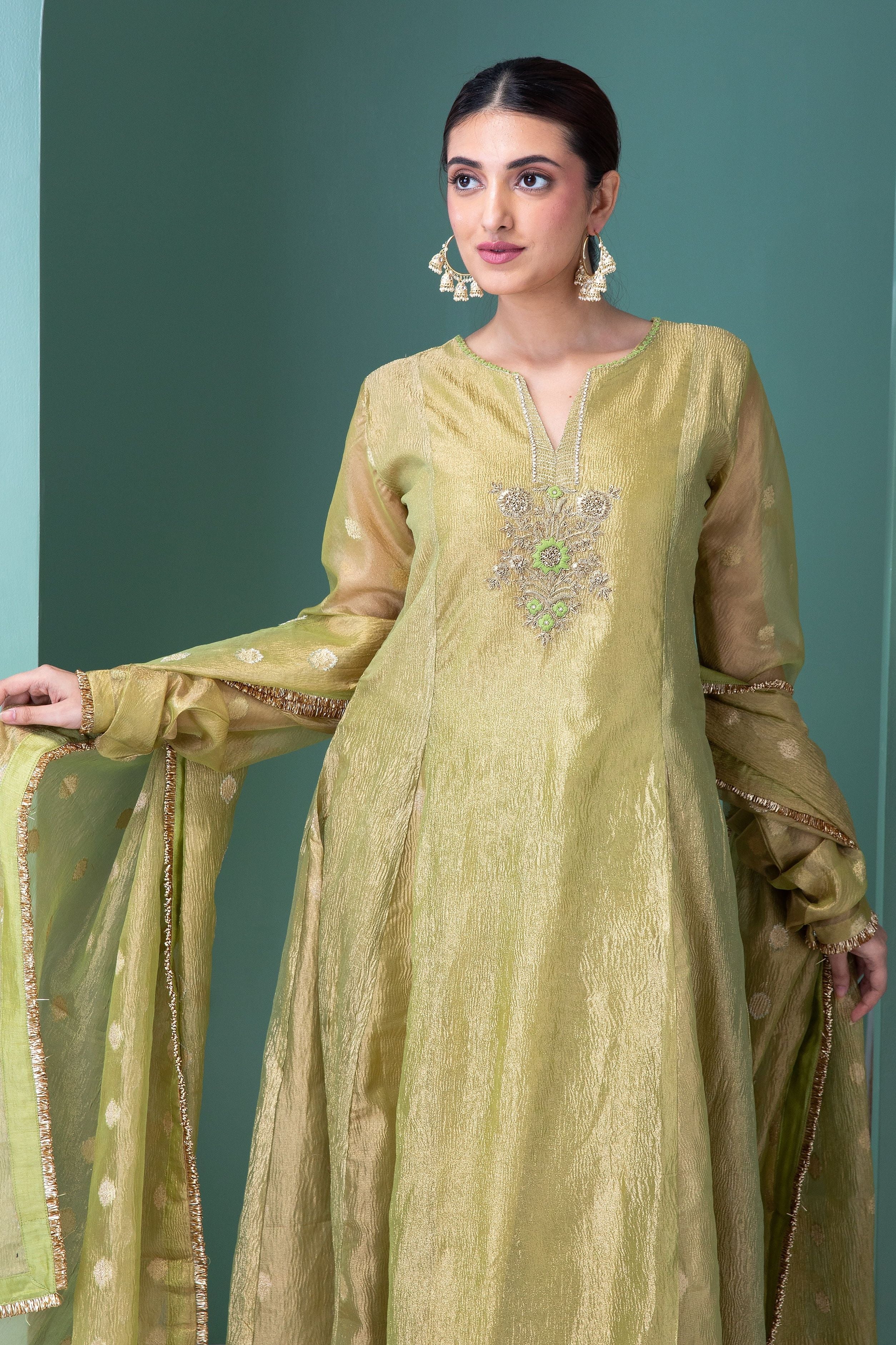 Sage Green Banarasi Tissue Anarkali Set - Mokshaa