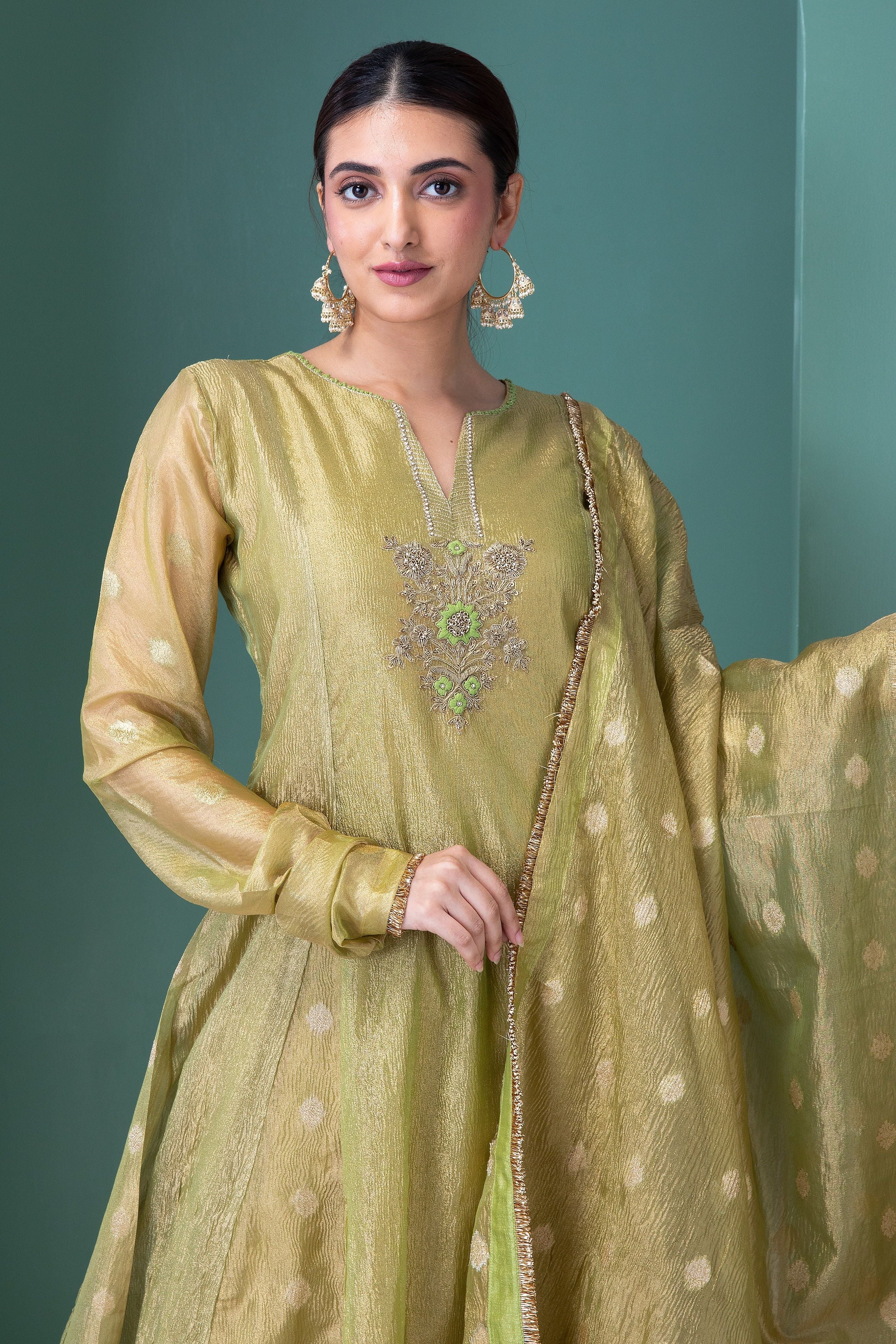 Sage Green Banarasi Tissue Anarkali Set - Mokshaa