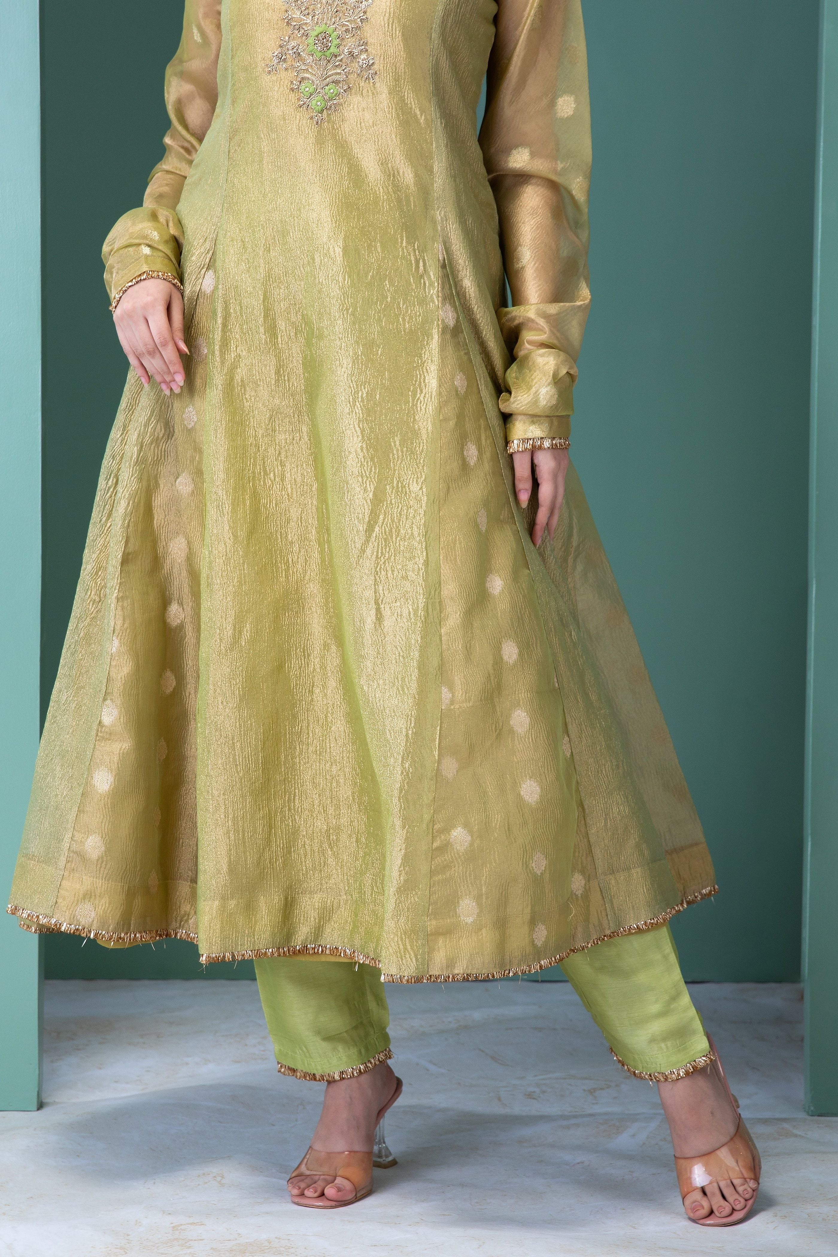 Sage Green Banarasi Tissue Anarkali Set - Mokshaa