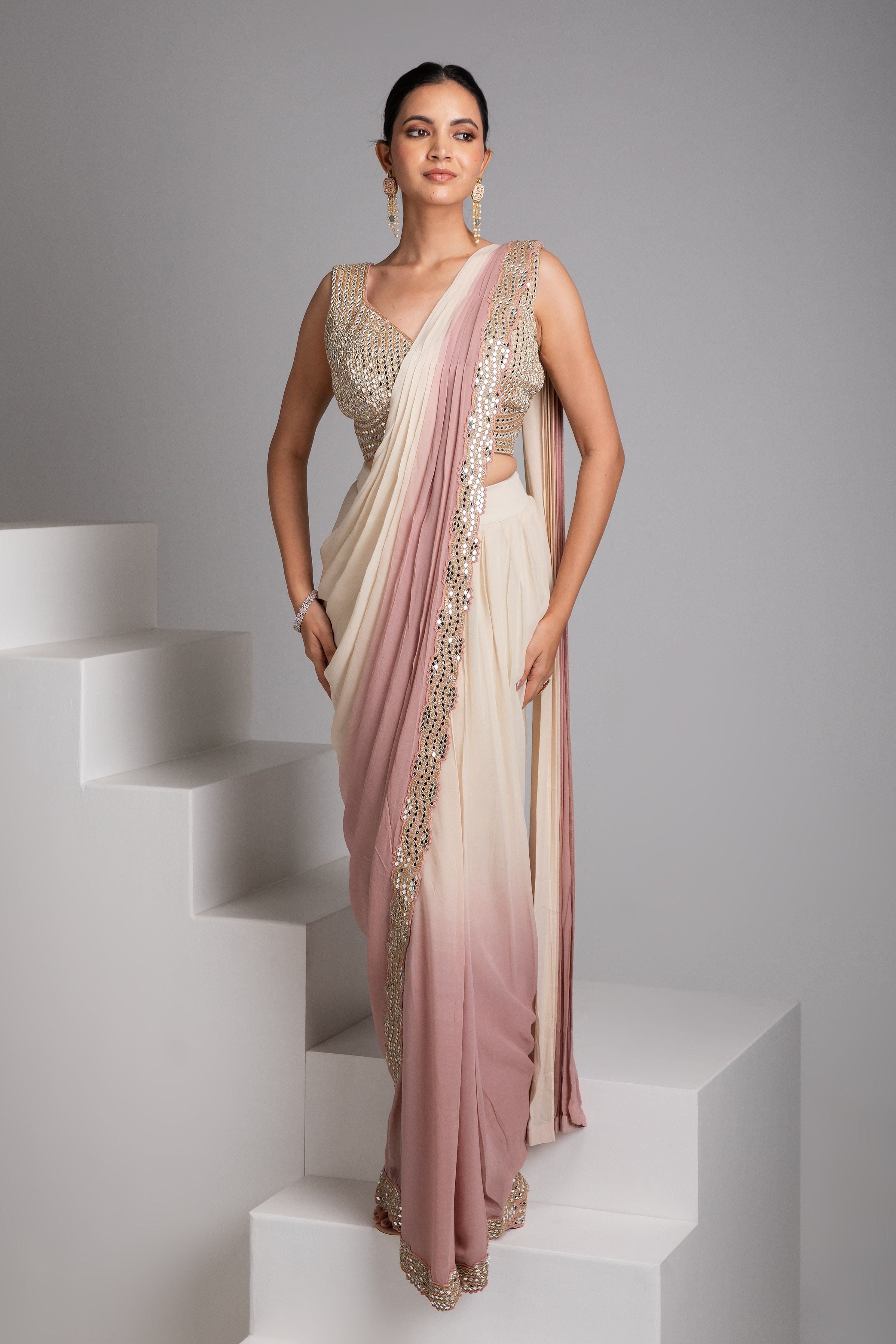 Dual-Tone Ombre Georgette Drape Saree - Mokshaa