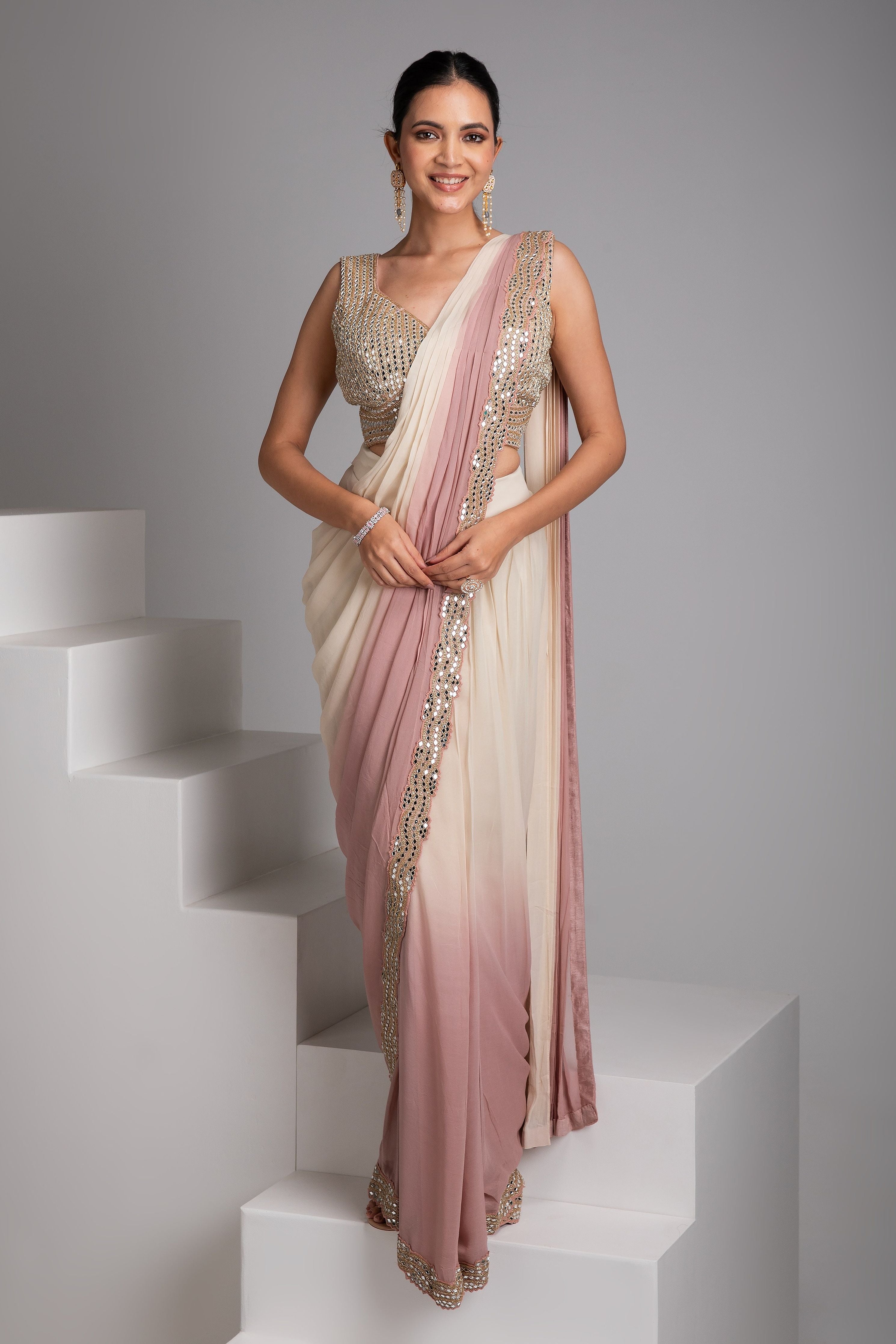 Dual-Tone Ombre Georgette Drape Saree - Mokshaa