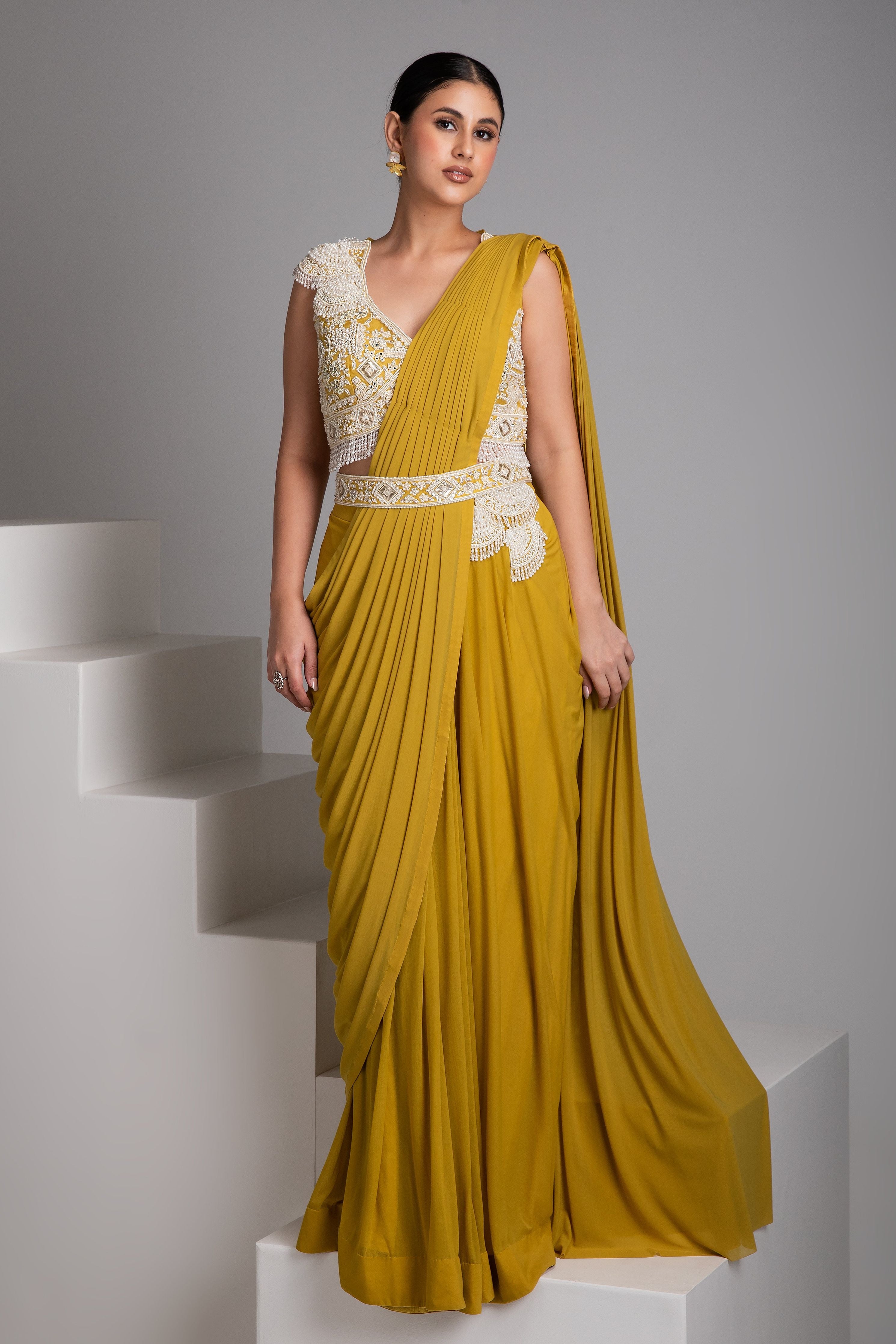 Mustard Yellow Draped Saree Set - Mokshaa