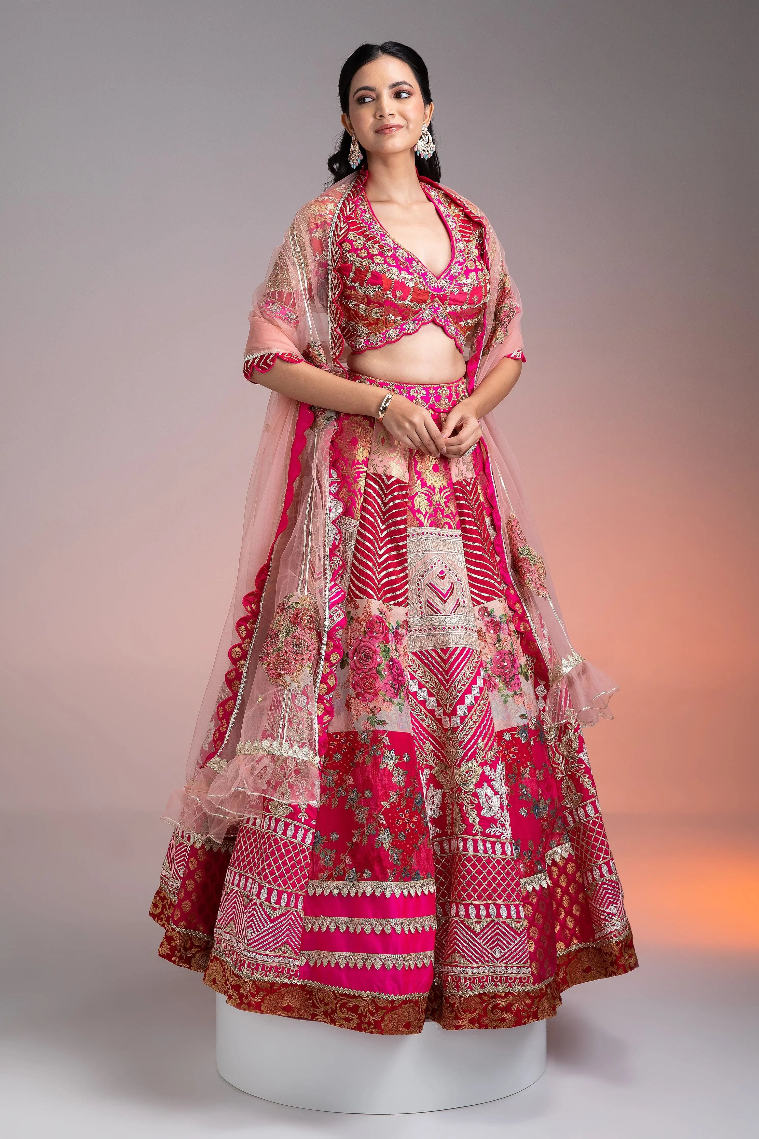 Vibrant Pink and Gold Applique Lehenga  Mokshaa