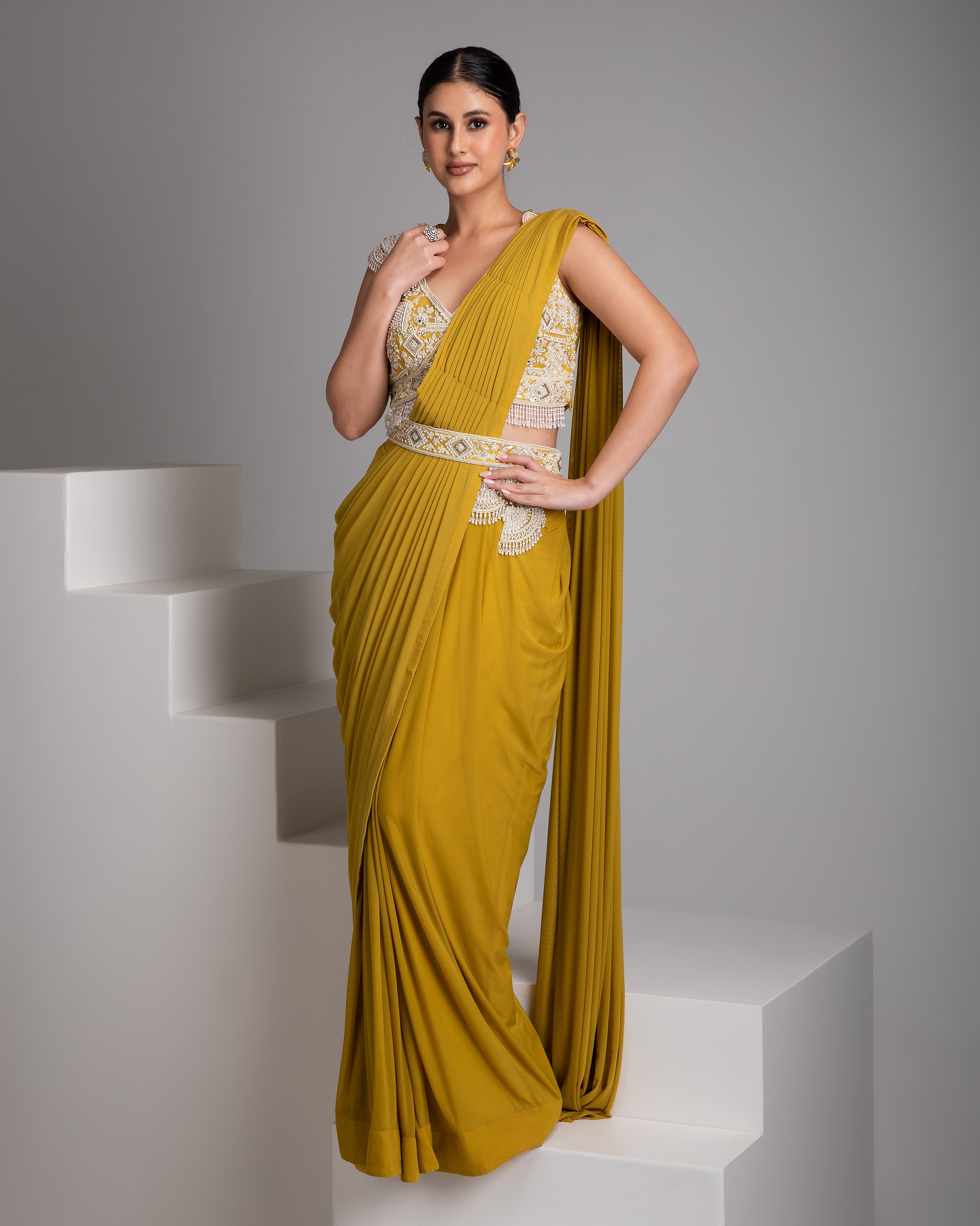 Mustard Yellow Draped Saree Set - Mokshaa