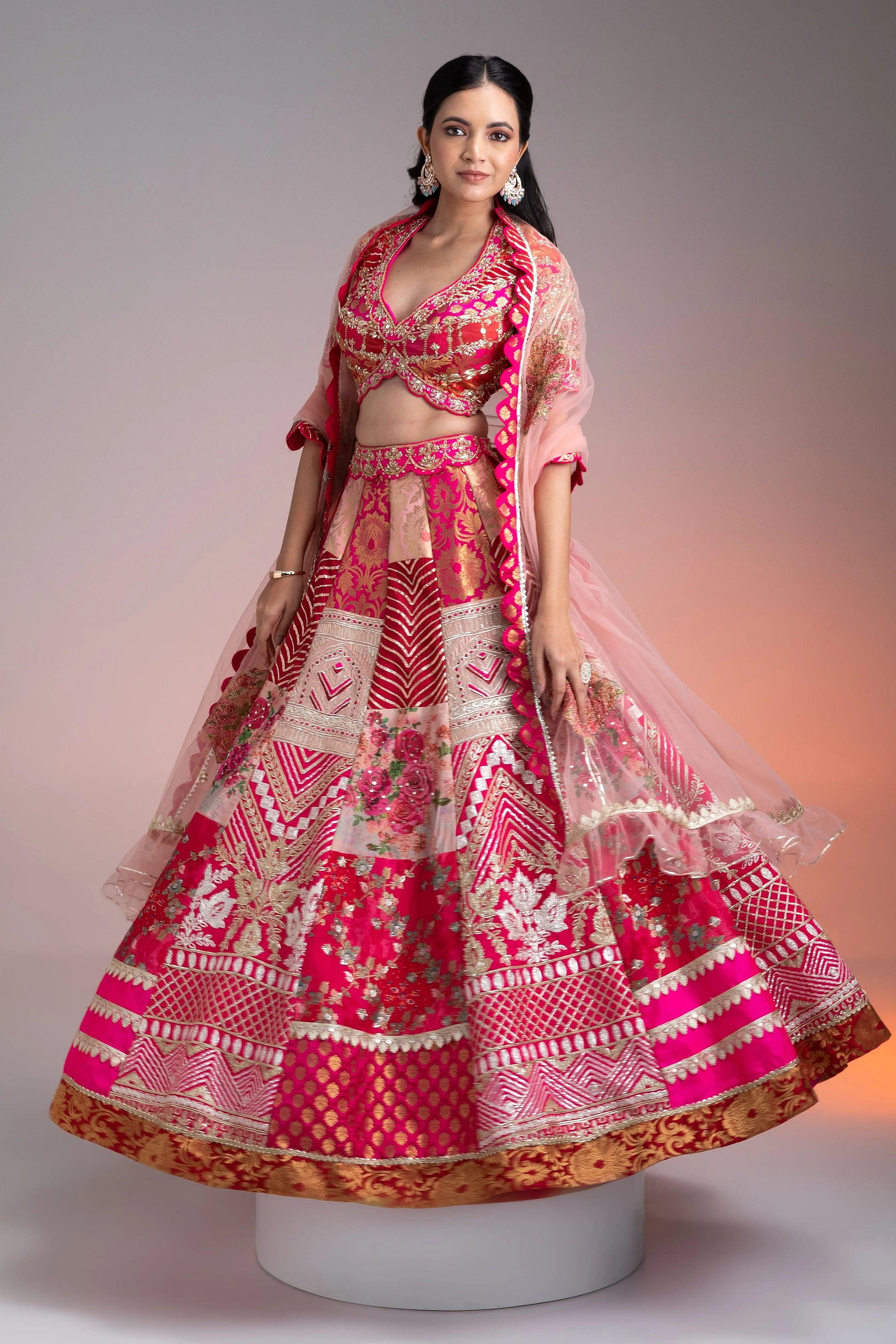 Vibrant Pink and Gold Applique Lehenga  Mokshaa