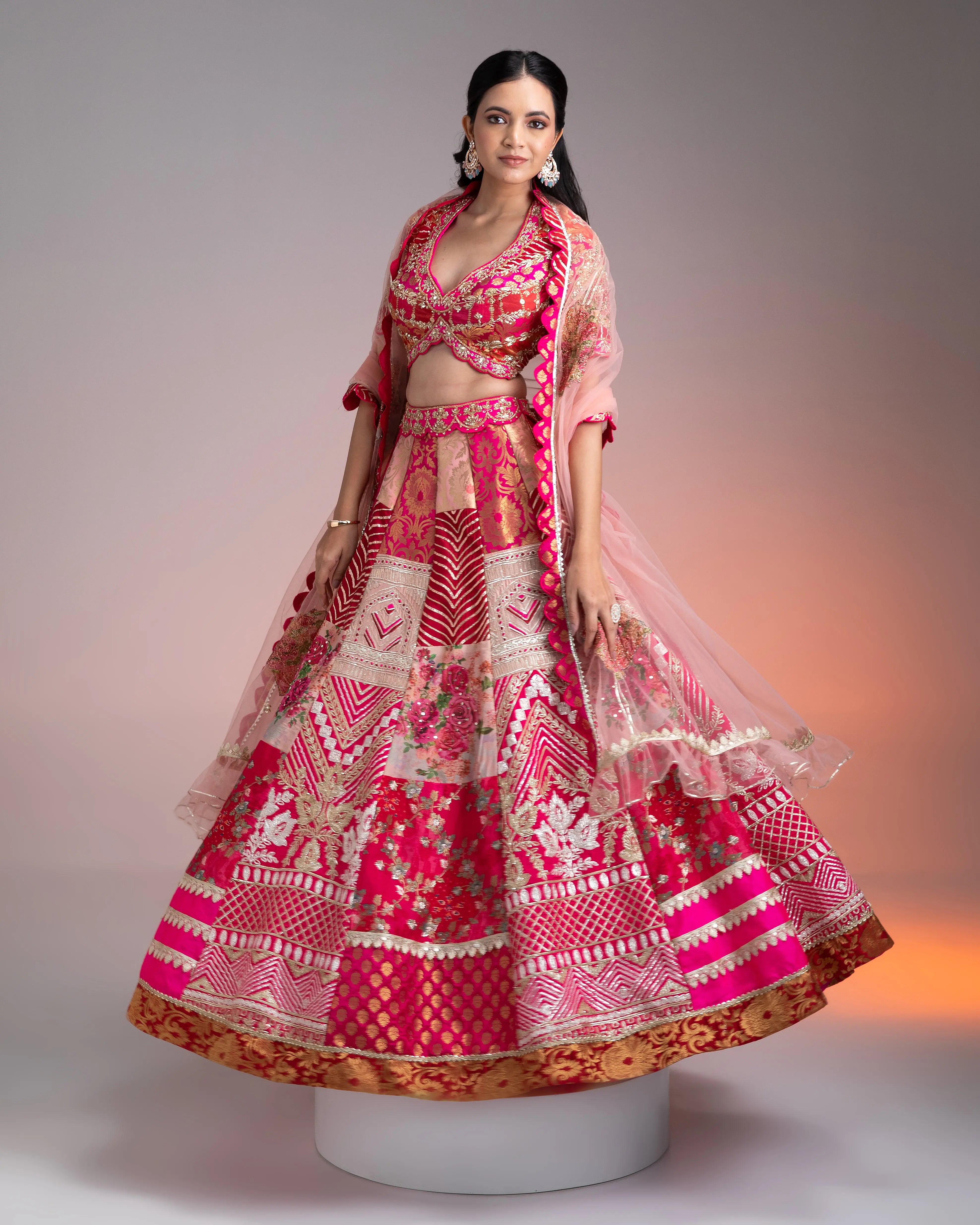 Vibrant Pink and Gold Applique Lehenga  Mokshaa