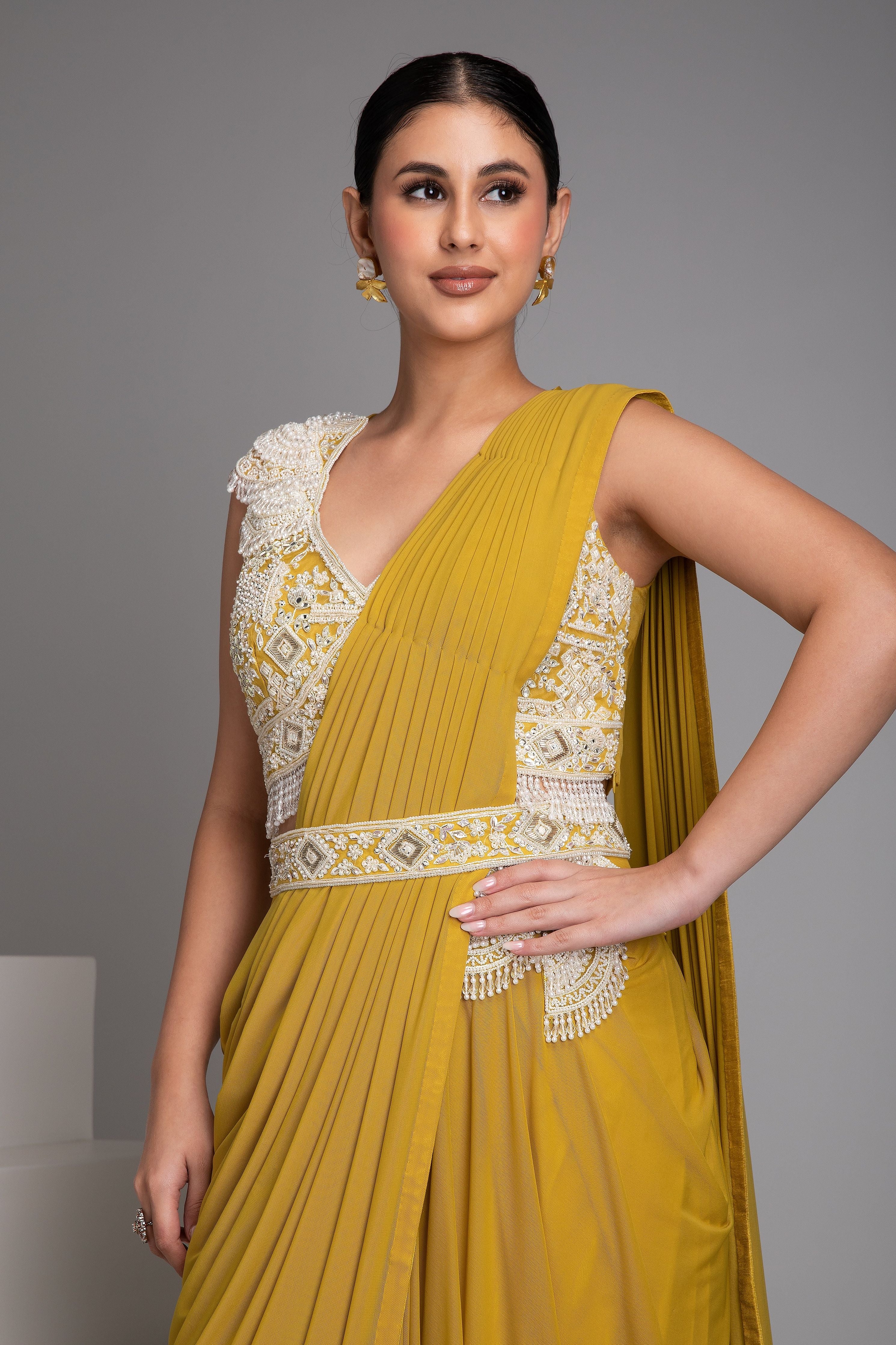 Mustard Yellow Draped Saree Set - Mokshaa